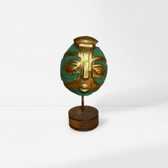 1960s Art Deco Tribal Mask Brass Bronze on Oak Base, France