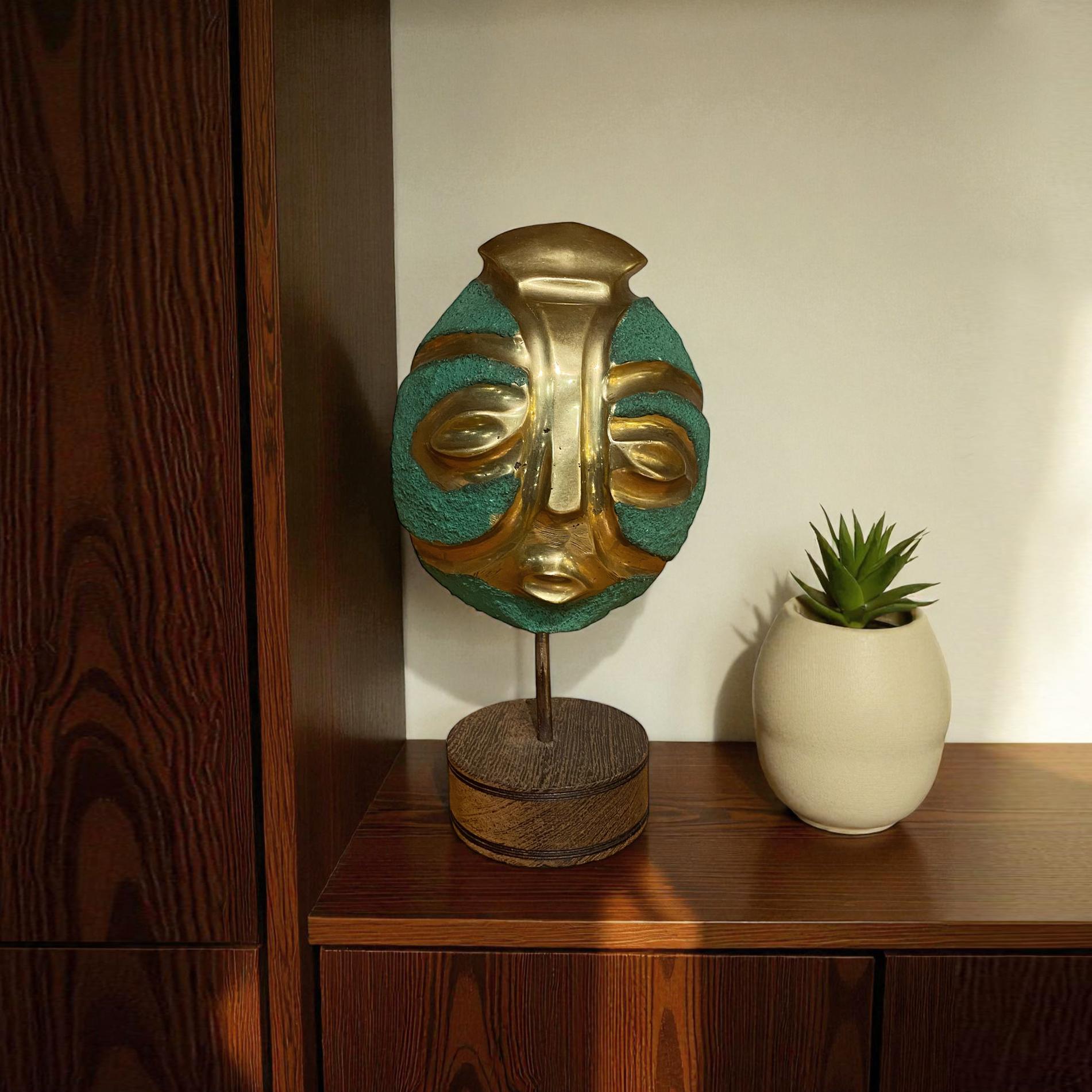 French Art Deco African Mayan Bronze oak wood midcentury 20thC Mask 1960s Vintage Desk For Sale