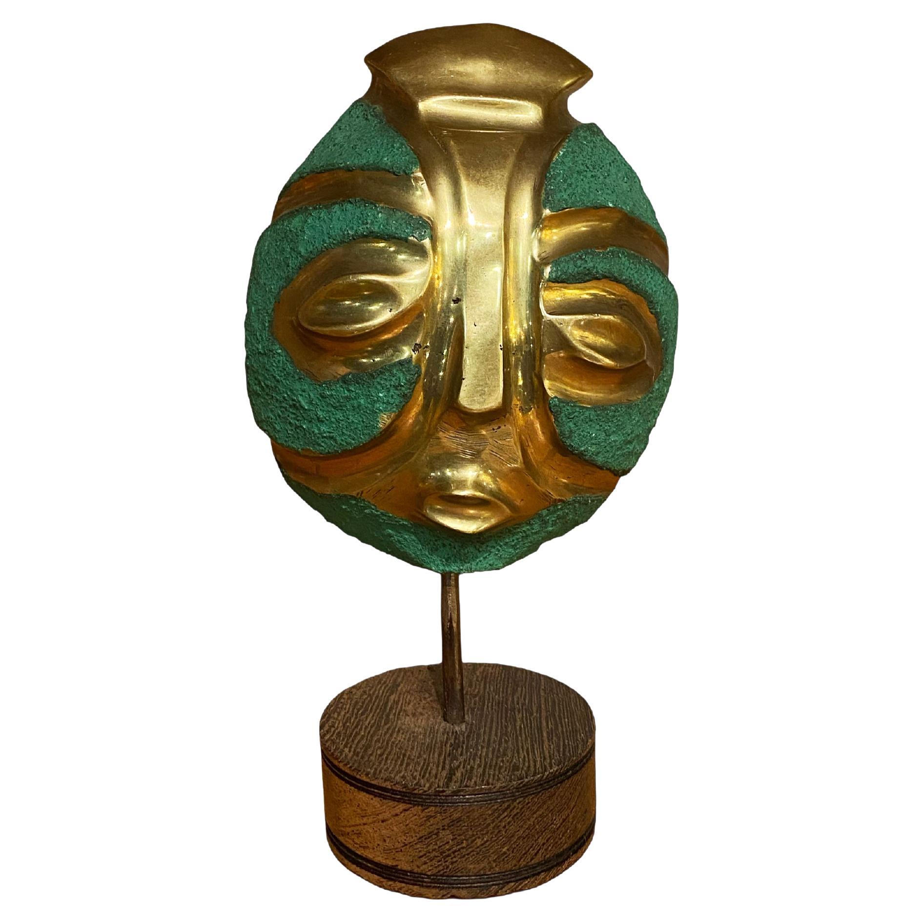 Art Deco African Mayan Bronze oak wood midcentury 20thC Mask 1960s Vintage Desk