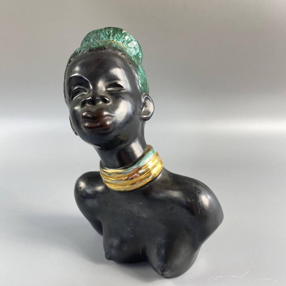 Hungarian Mid-century African-American female head with turquoise hair by Margit Izsépy  For Sale