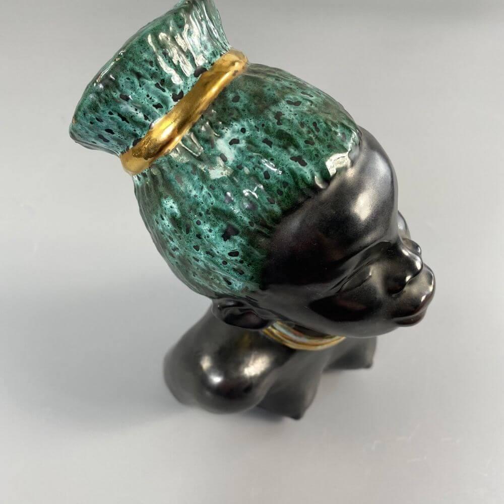 Glazed Mid-century African-American female head with turquoise hair by Margit Izsépy  For Sale