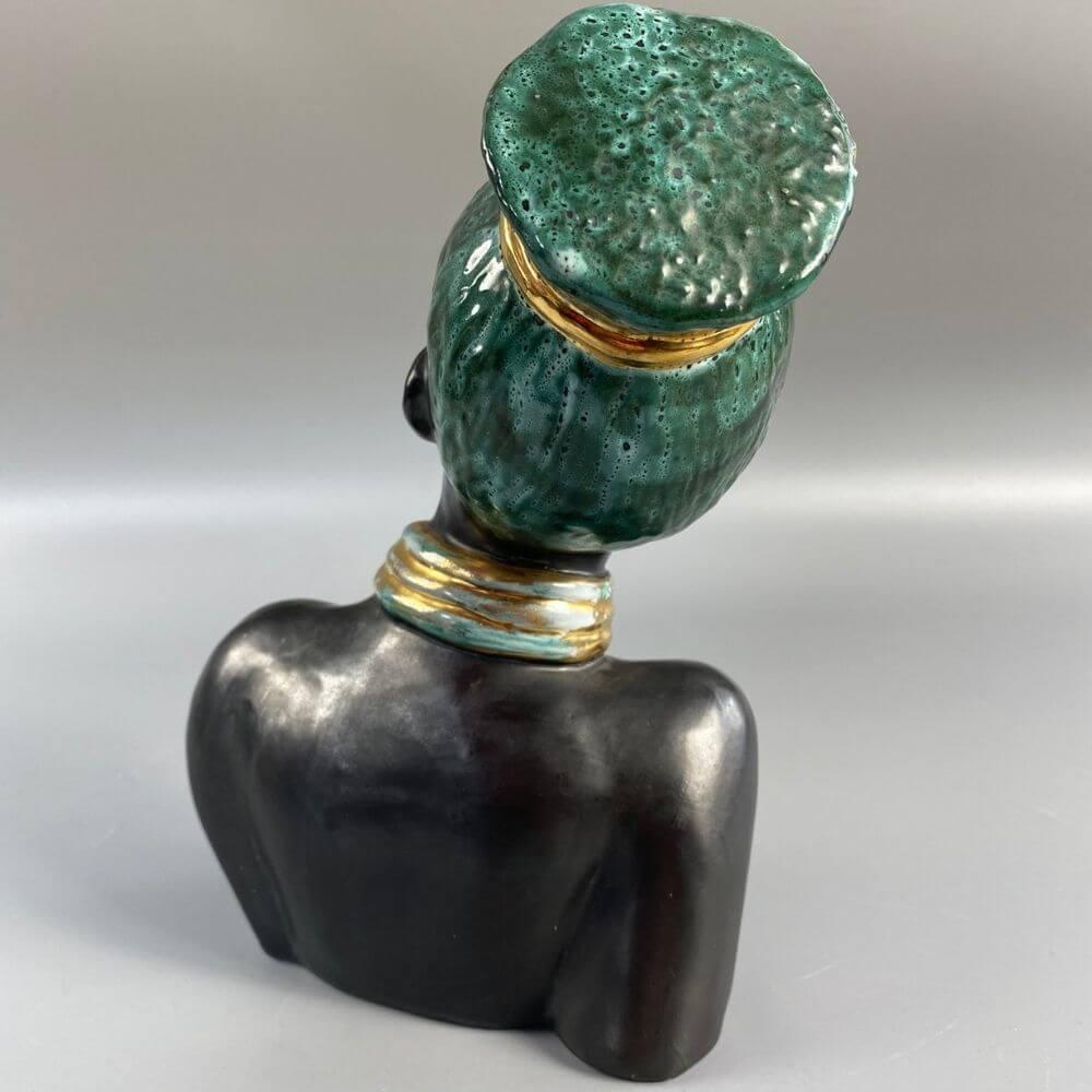 Mid-century African-American female head with turquoise hair by Margit Izsépy  In Good Condition For Sale In Budapest, HU