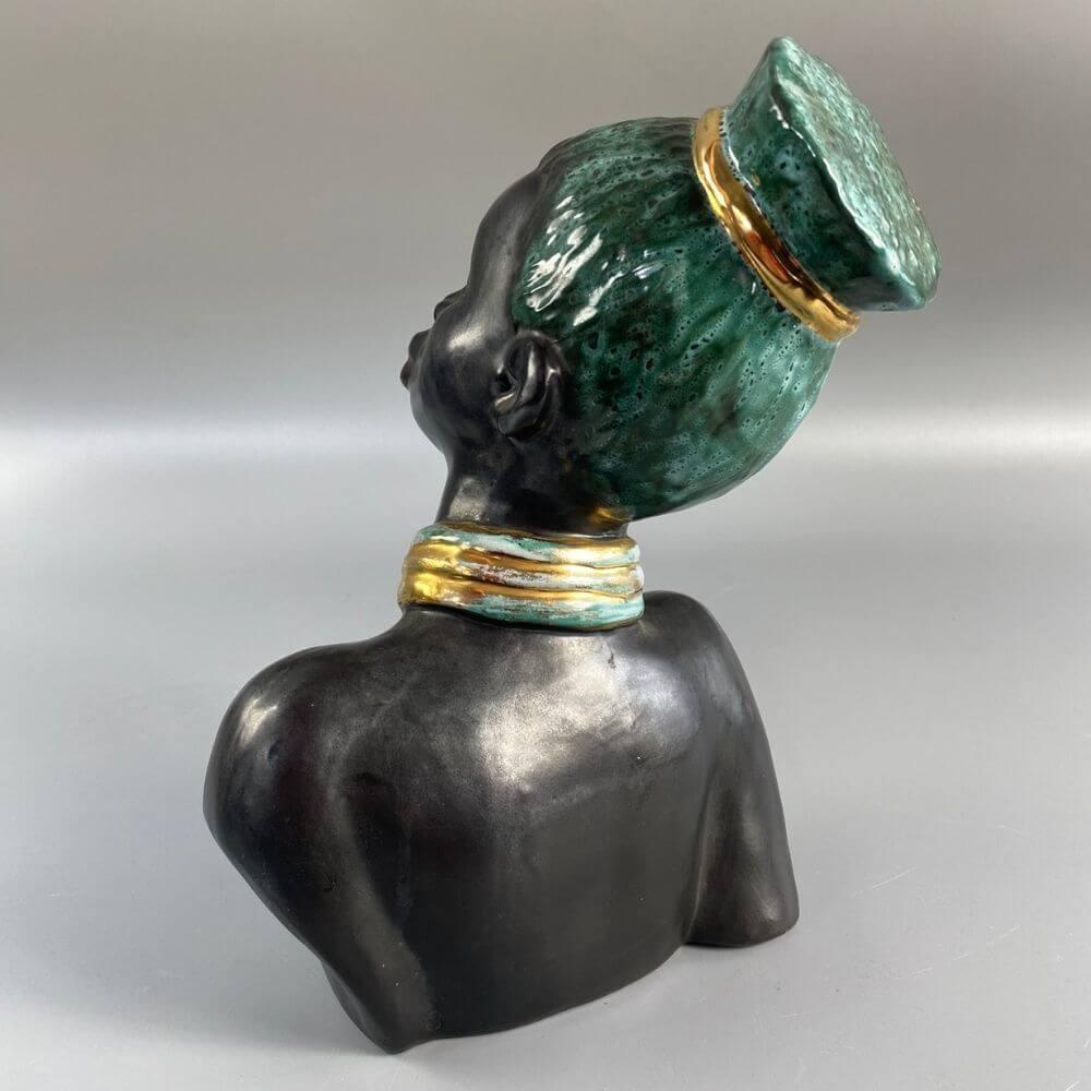 Glazed Mid-century African-American female head with turquoise hair by Margit Izsépy  For Sale