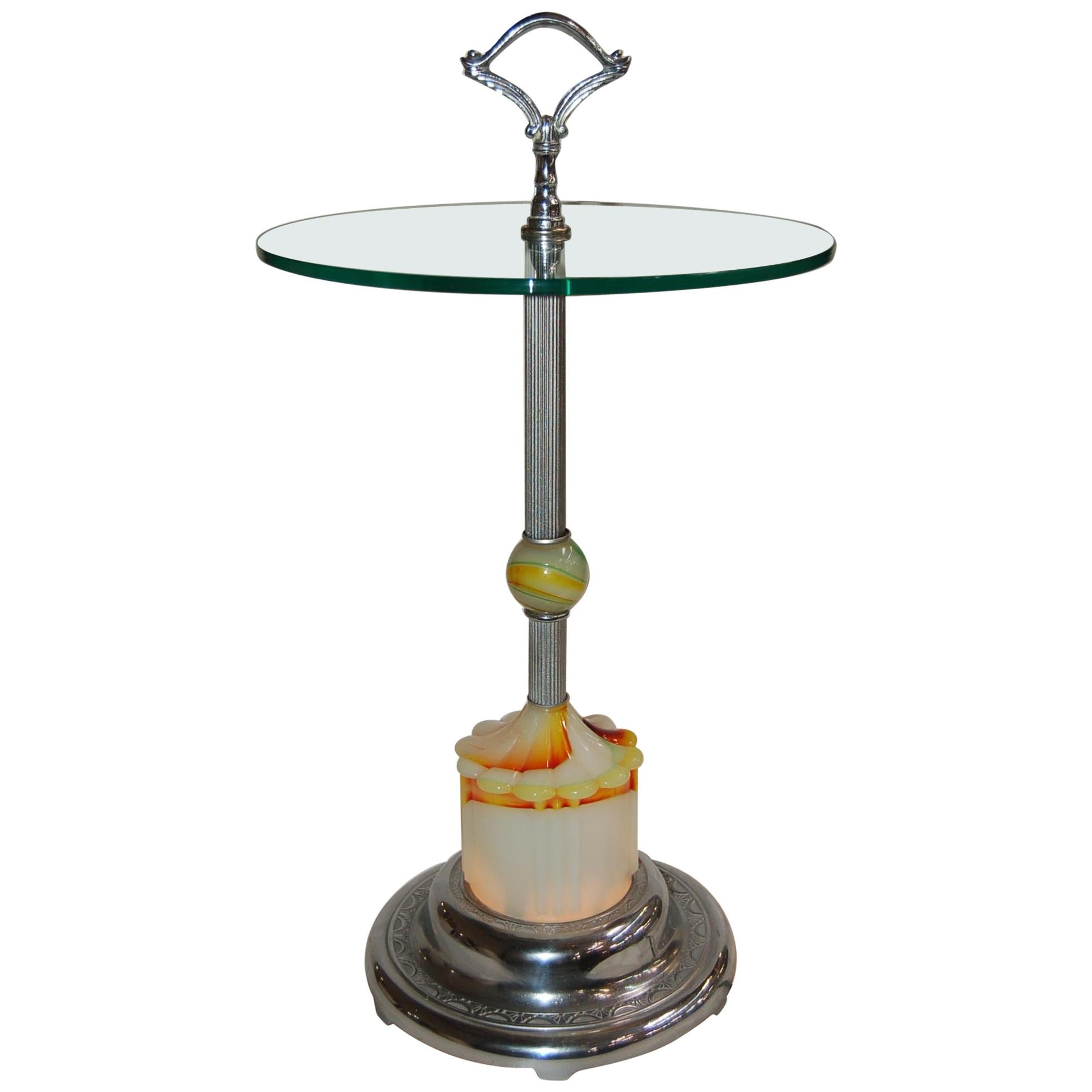 Beleuchteter Beistelltisch aus Achatglas und Chrom im Art-déco-Stil
