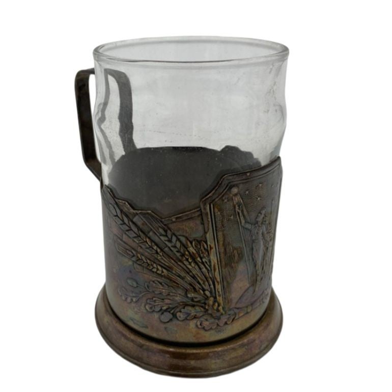 Taza de cerveza Art Decó "Era del Progreso" de chapa de plata y cristal