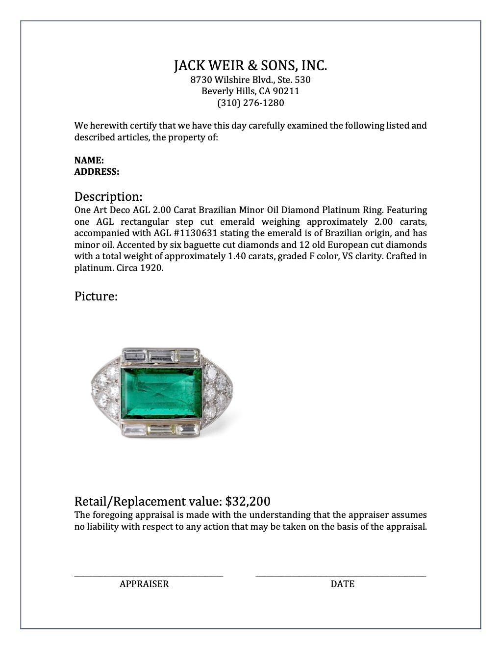 Art Deco AGL 2.00 Carat Brazilian Minor Oil Diamond Platinum Ring 1