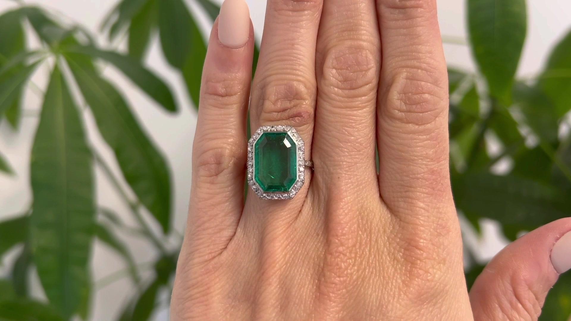 Octagon Cut Art Deco AGL 5.00 Carat Colombian Emerald Diamond Platinum Ring