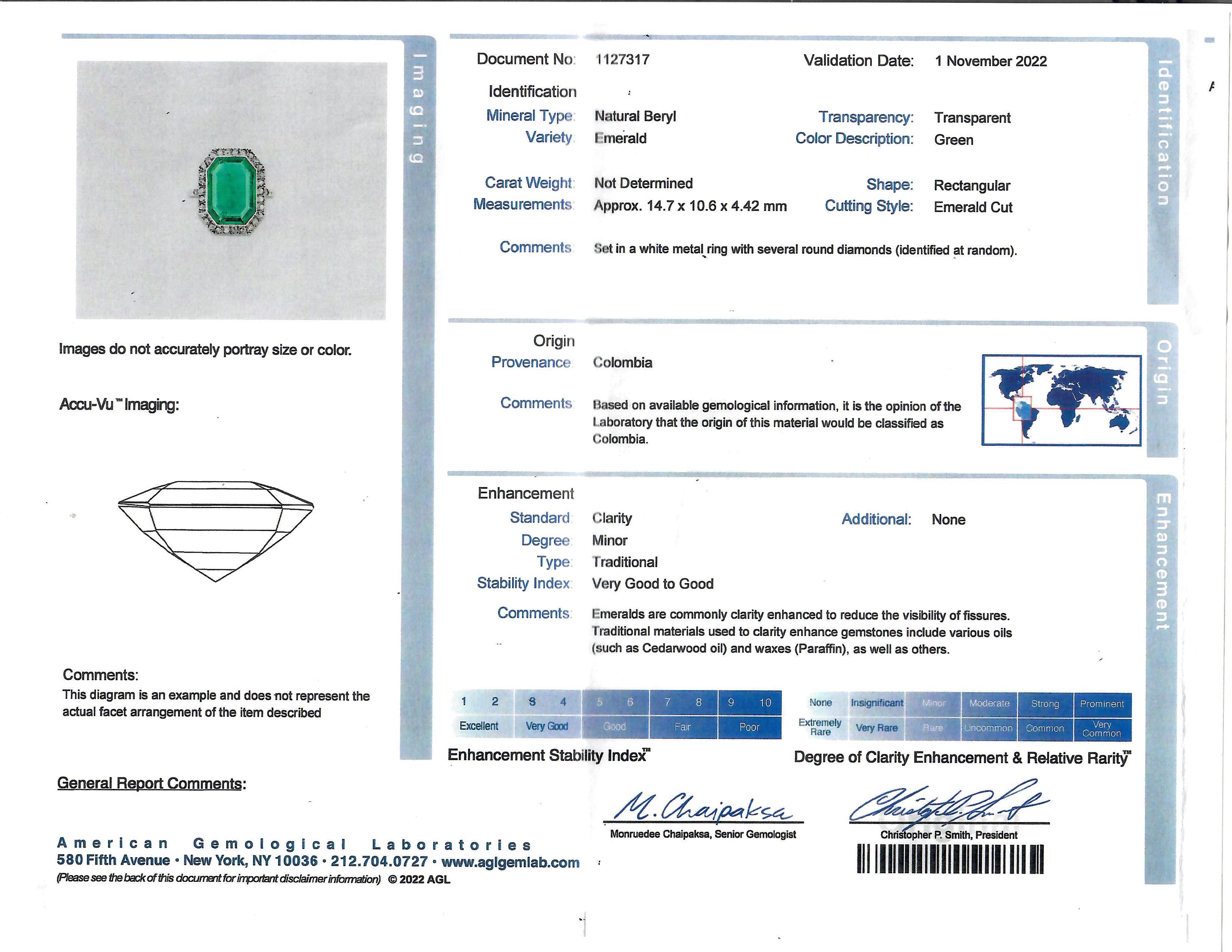 Art Deco AGL 5.00 Carat Colombian Emerald Diamond Platinum Ring 2