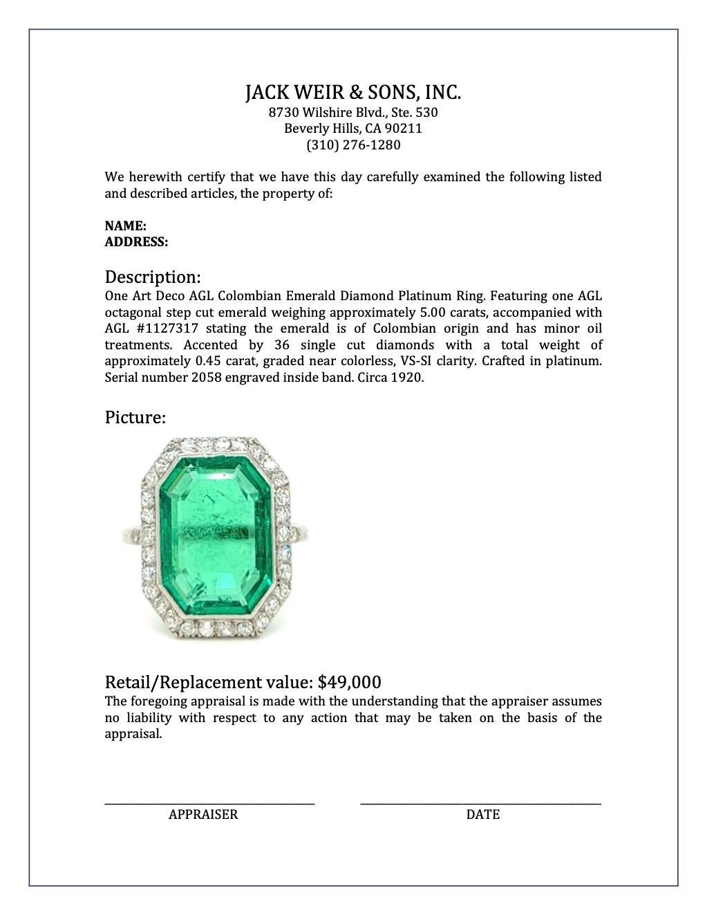 Art Deco AGL 5.00 Carat Colombian Emerald Diamond Platinum Ring 3