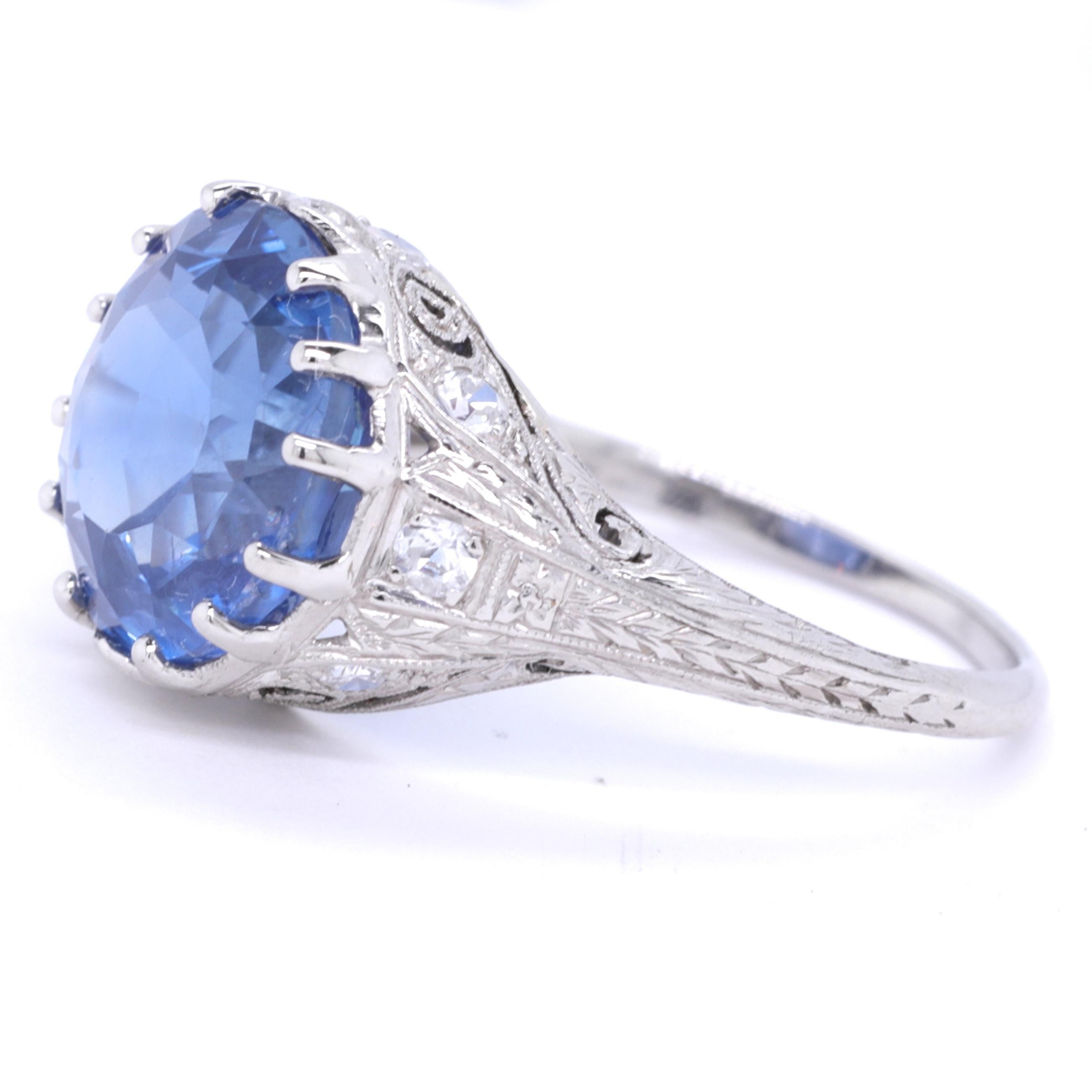 Round Cut Art Deco AGL 7.50 Carat Burma No Heat Sapphire Diamond Platinum Ring