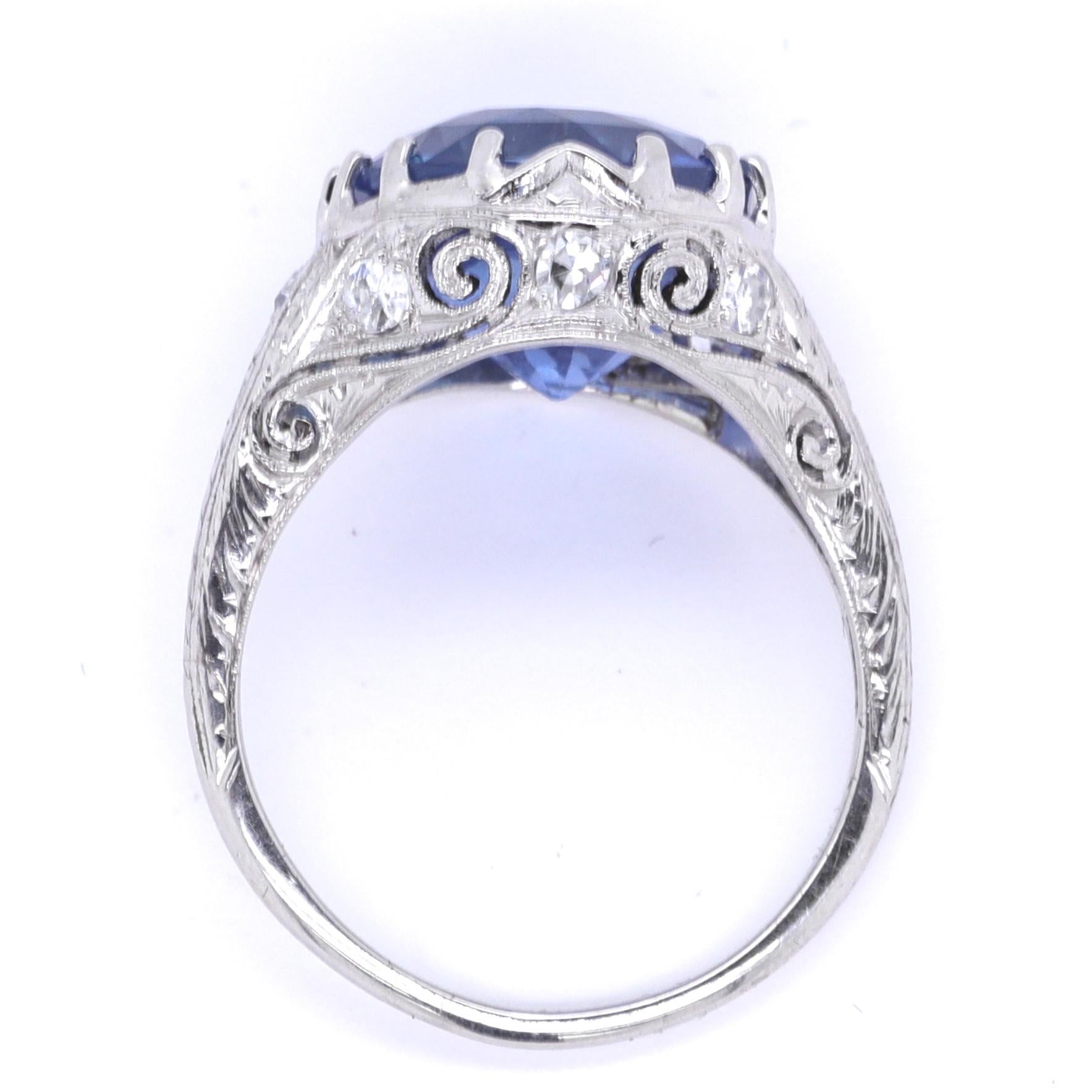 Art Deco AGL 7.50 Carat Burma No Heat Sapphire Diamond Platinum Ring In Excellent Condition In Beverly Hills, CA