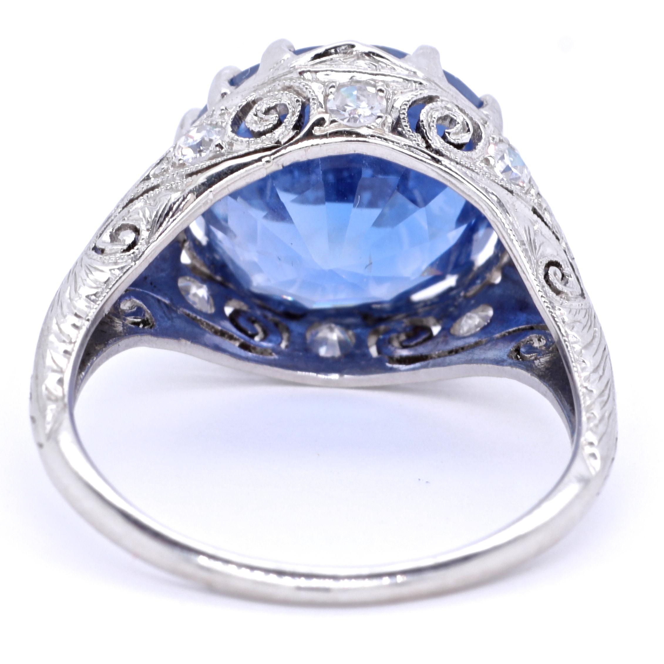 Women's Art Deco AGL 7.50 Carat Burma No Heat Sapphire Diamond Platinum Ring