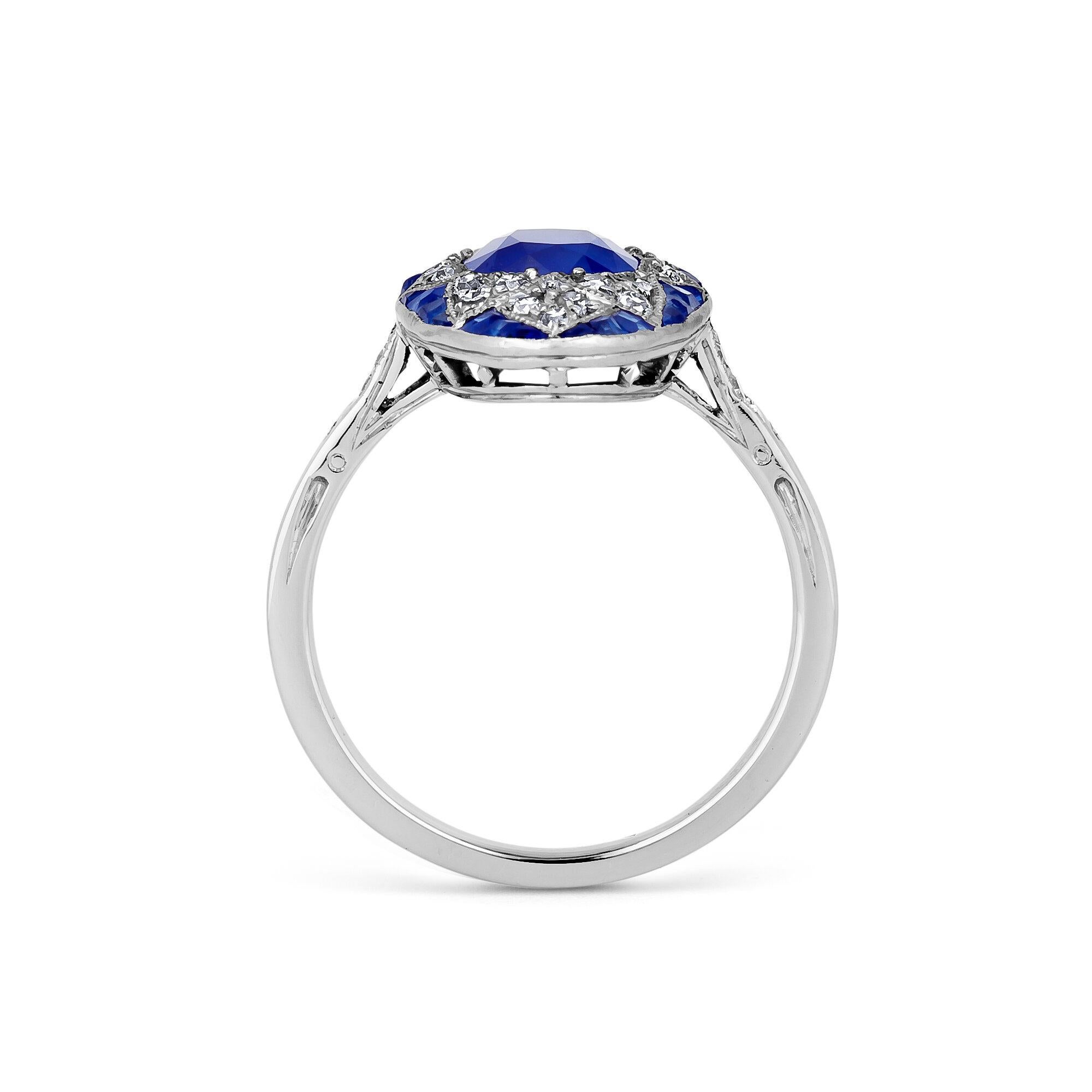 Cushion Cut Art Deco AGL Certified 1.84 Carat Kashmir Natural Sapphire Diamond Platinum Ring