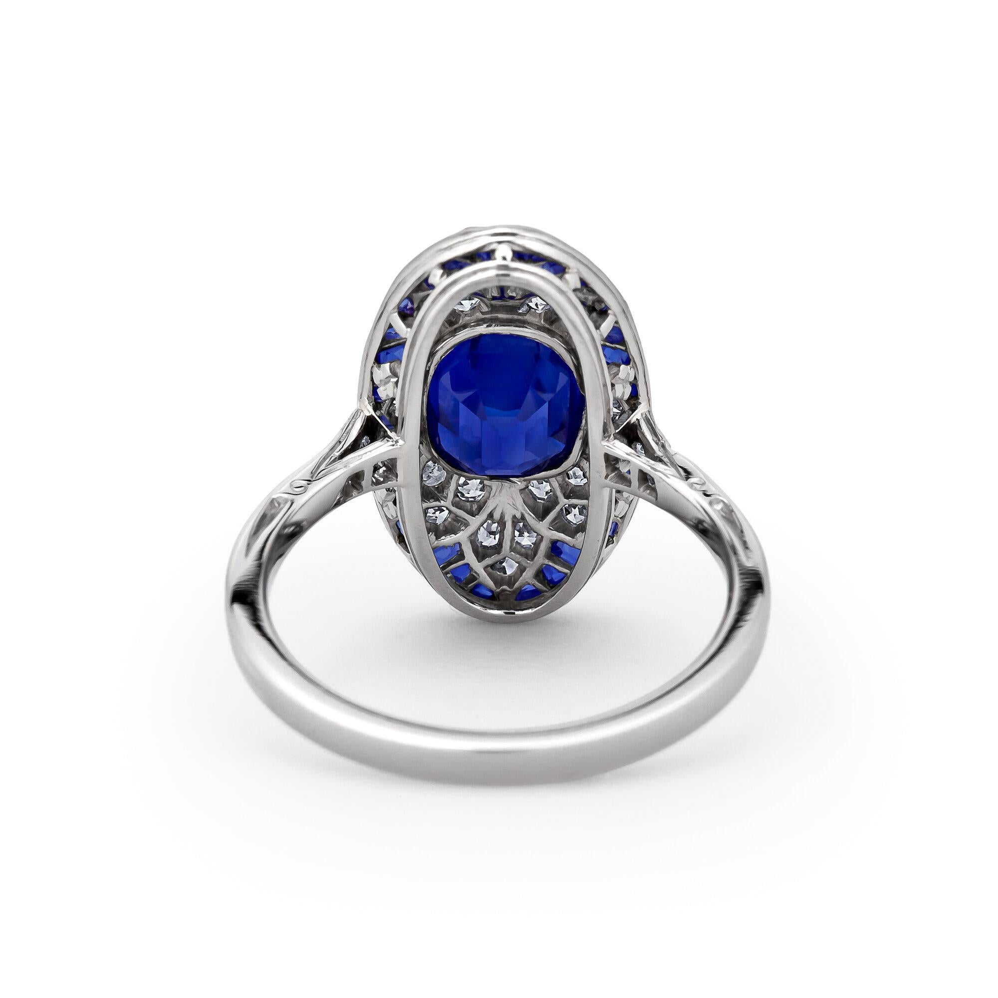Art Deco AGL Certified 1.84 Carat Kashmir Natural Sapphire Diamond Platinum Ring In Excellent Condition In Greenwich, CT