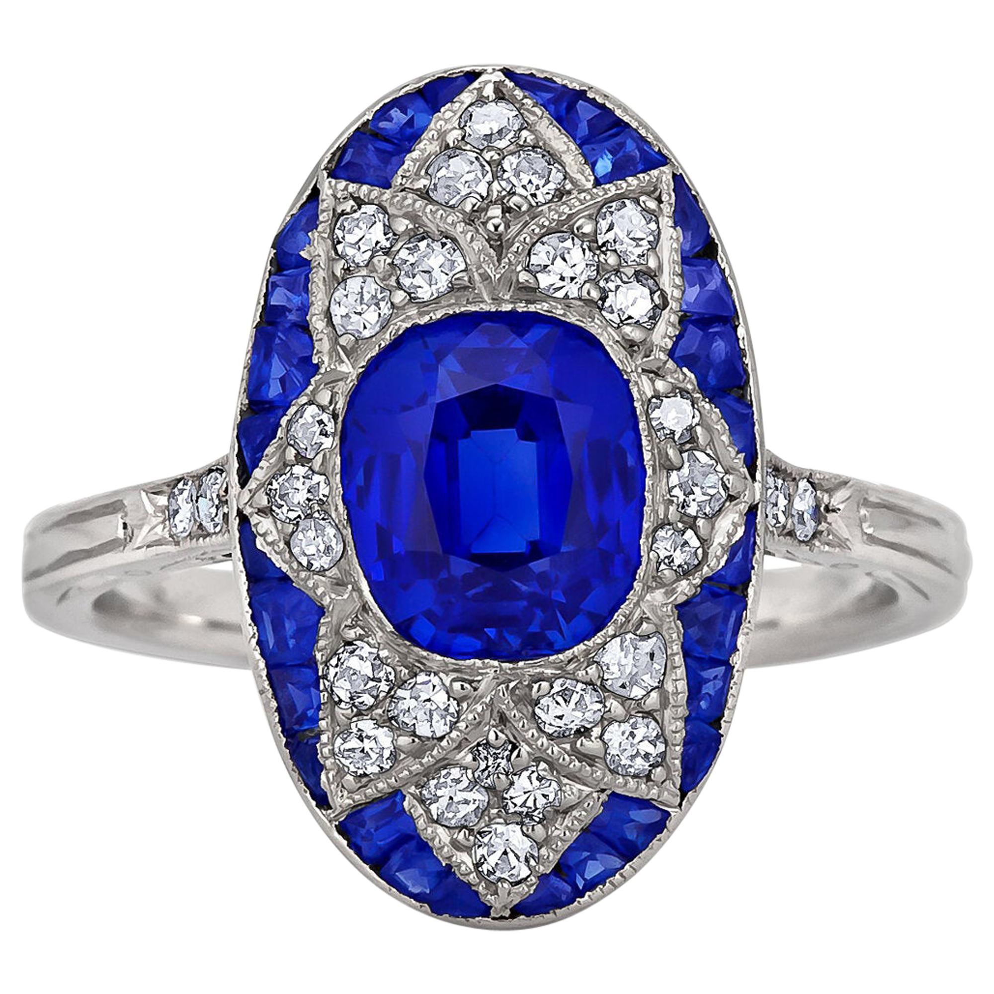 Art Deco AGL Certified 1.84 Carat Kashmir Natural Sapphire Diamond Platinum Ring