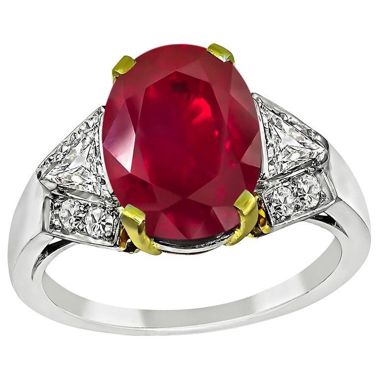 Art Deco AGL Certified 3.63 Carat Natural No Heat Burmese Ruby Engagement Ring For Sale