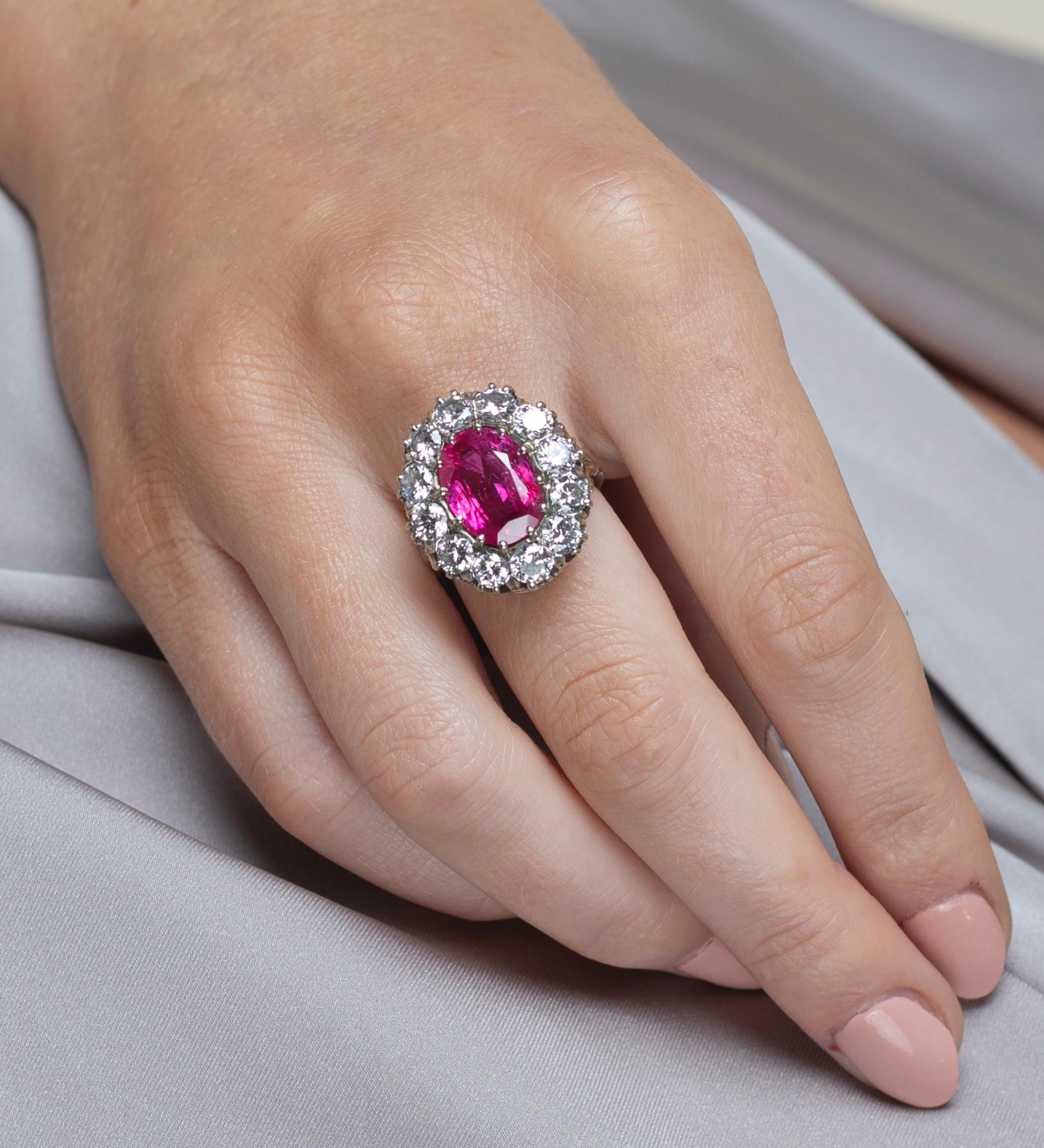 Art Deco AGL Certified 5.52 Carat No Heat Oval Cut Burma Ruby and Round Diamond Ring For Sale
