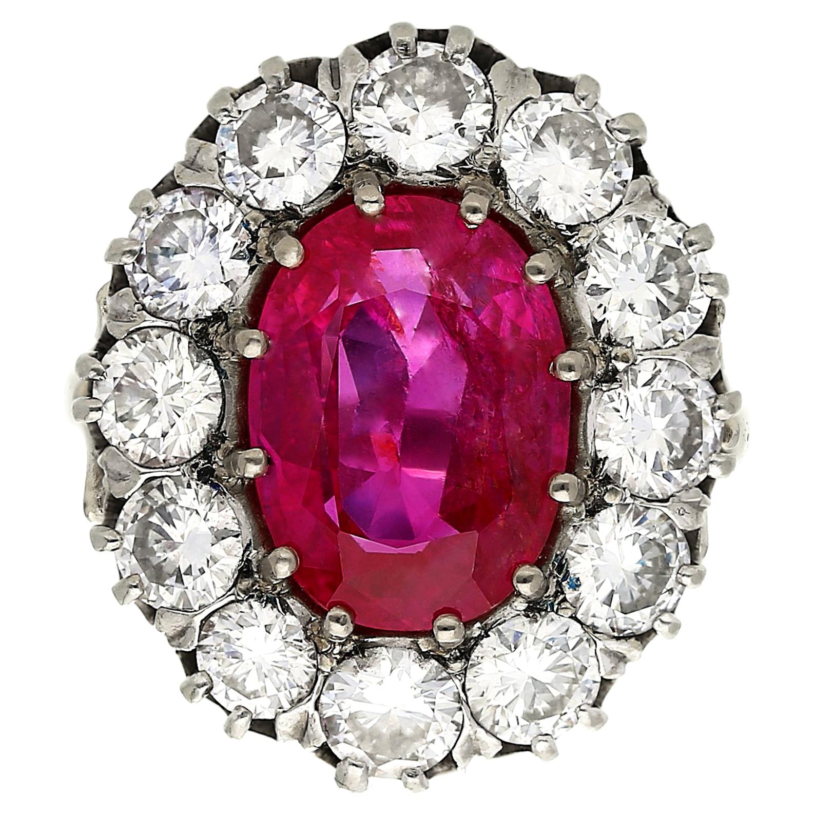 AGL Certified 5.52 Carat No Heat Oval Cut Burma Ruby and Round Diamond Ring For Sale