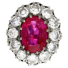 Antique AGL Certified 5.52 Carat No Heat Oval Cut Burma Ruby and Round Diamond Ring