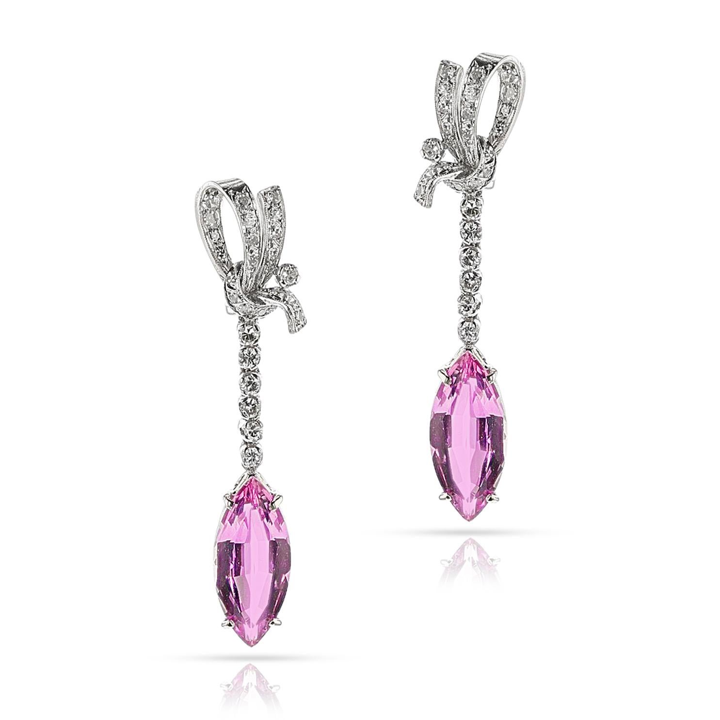 Marquise Cut Art Deco AGL Certified Natural Marquise Pink Topaz and Diamond Earrings, PT For Sale