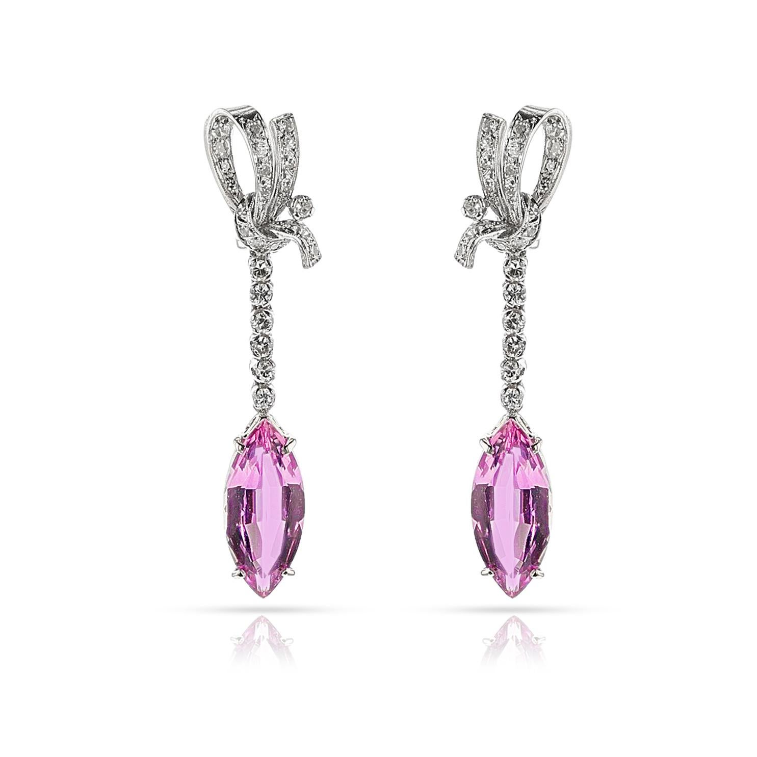 Women's or Men's Art Deco AGL Certified Natural Marquise Pink Topaz and Diamond Earrings, PT For Sale