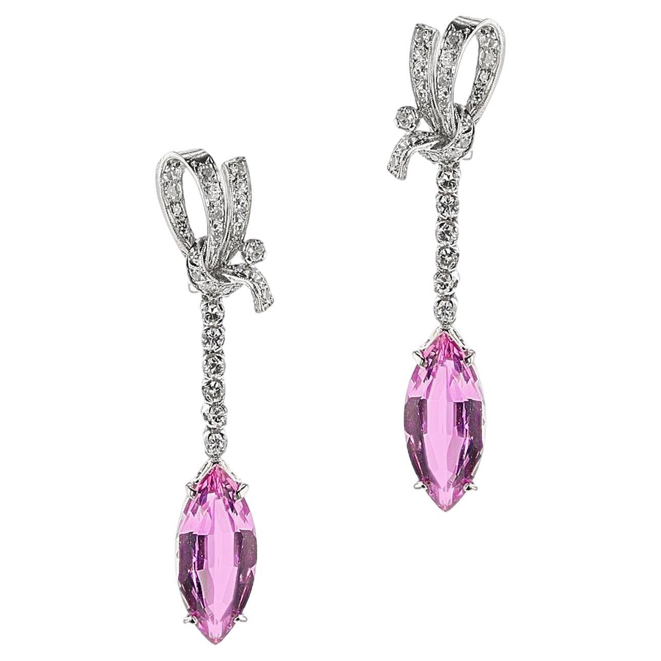 Art Deco AGL Certified Natural Marquise Pink Topaz and Diamond Earrings, PT For Sale