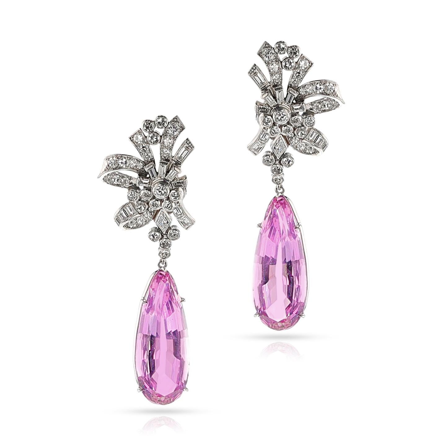 Pear Cut Art Deco AGL Certified Natural Pear Pink Topaz and Diamond Earrings, Platinum For Sale
