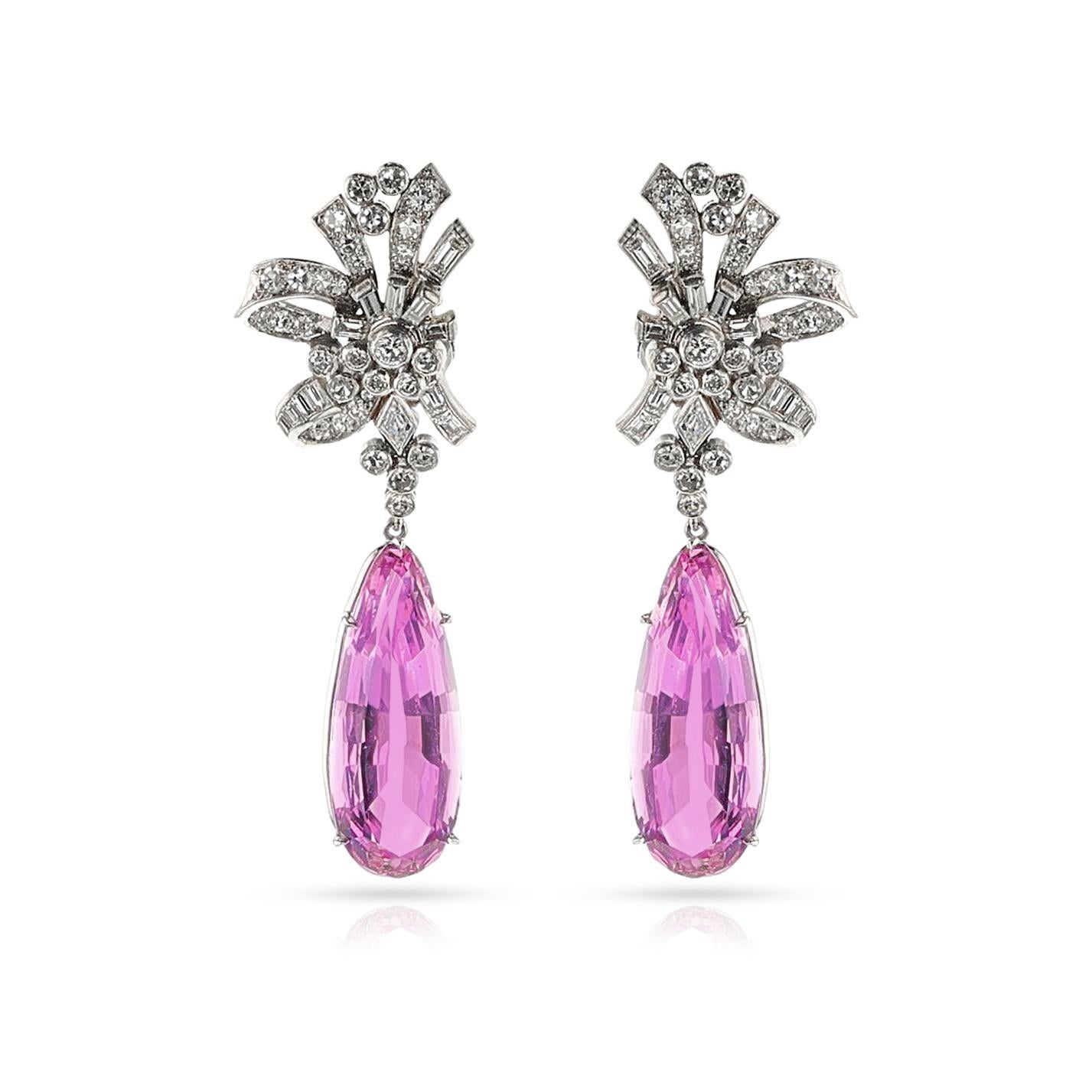 Women's or Men's Art Deco AGL Certified Natural Pear Pink Topaz and Diamond Earrings, Platinum For Sale