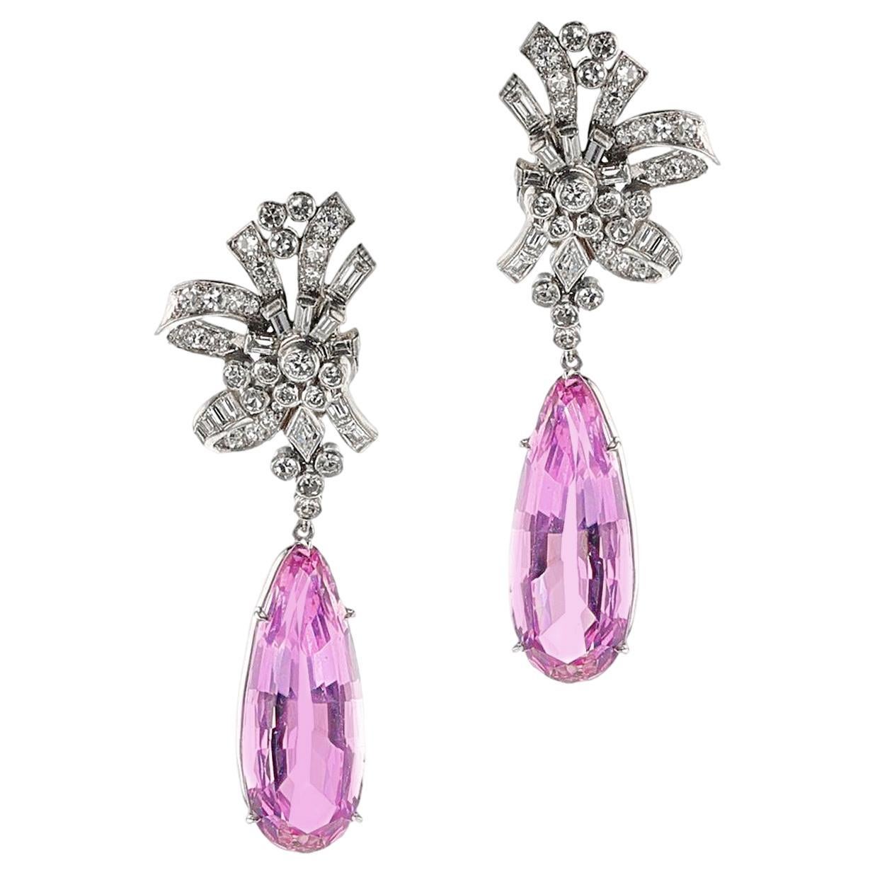 Art Deco AGL Certified Natural Pear Pink Topaz and Diamond Earrings, Platinum For Sale