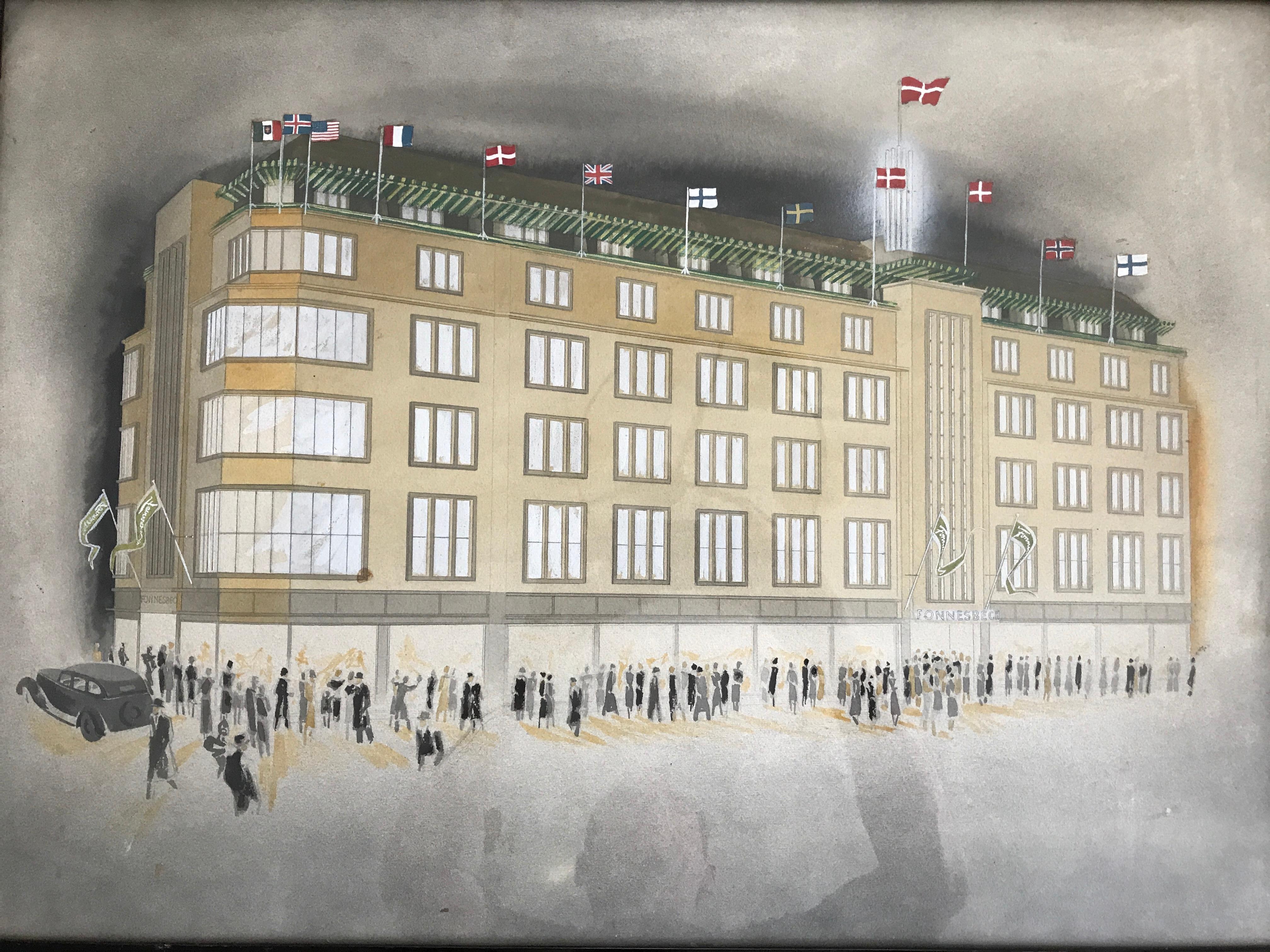 Art Deco Airbrush Illustration of Fonnesbech Department Store situated in central Copenhagen Denmark. Airbrushed drawing probably illustrating the grand opening of the well known very exlusive Department store designed by Architect Oscar