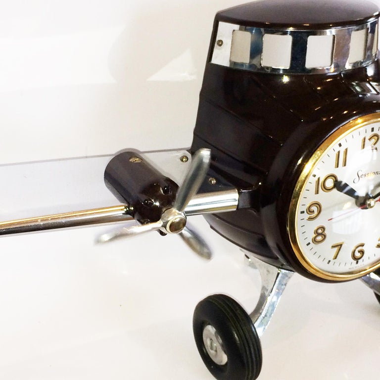 Art Deco Airplane Aeroplane Clock in Bakelite and Chrome by Sessions For Sale 1