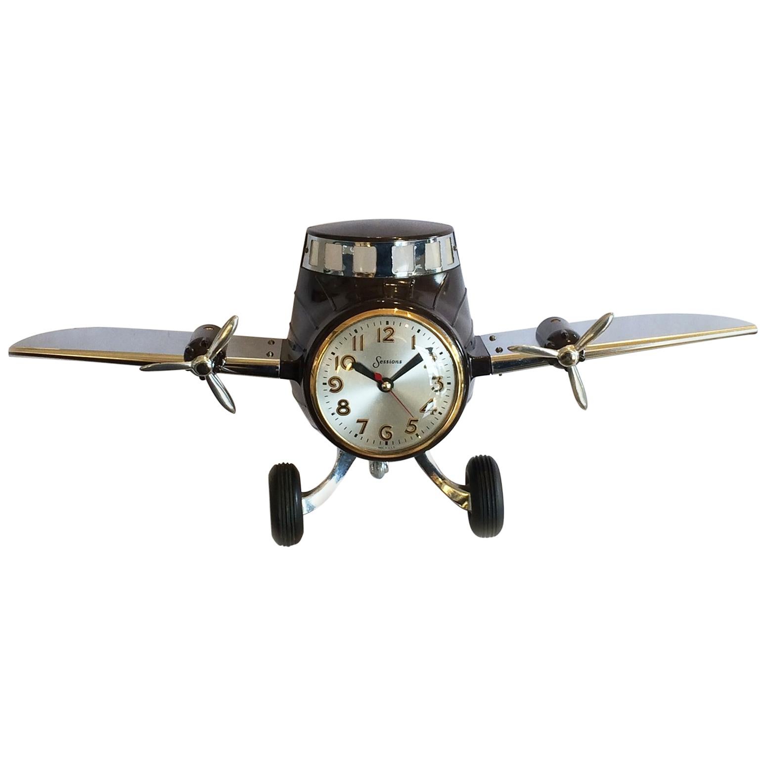 Art Deco Airplane Aeroplane Clock in Bakelite and Chrome by Sessions For Sale