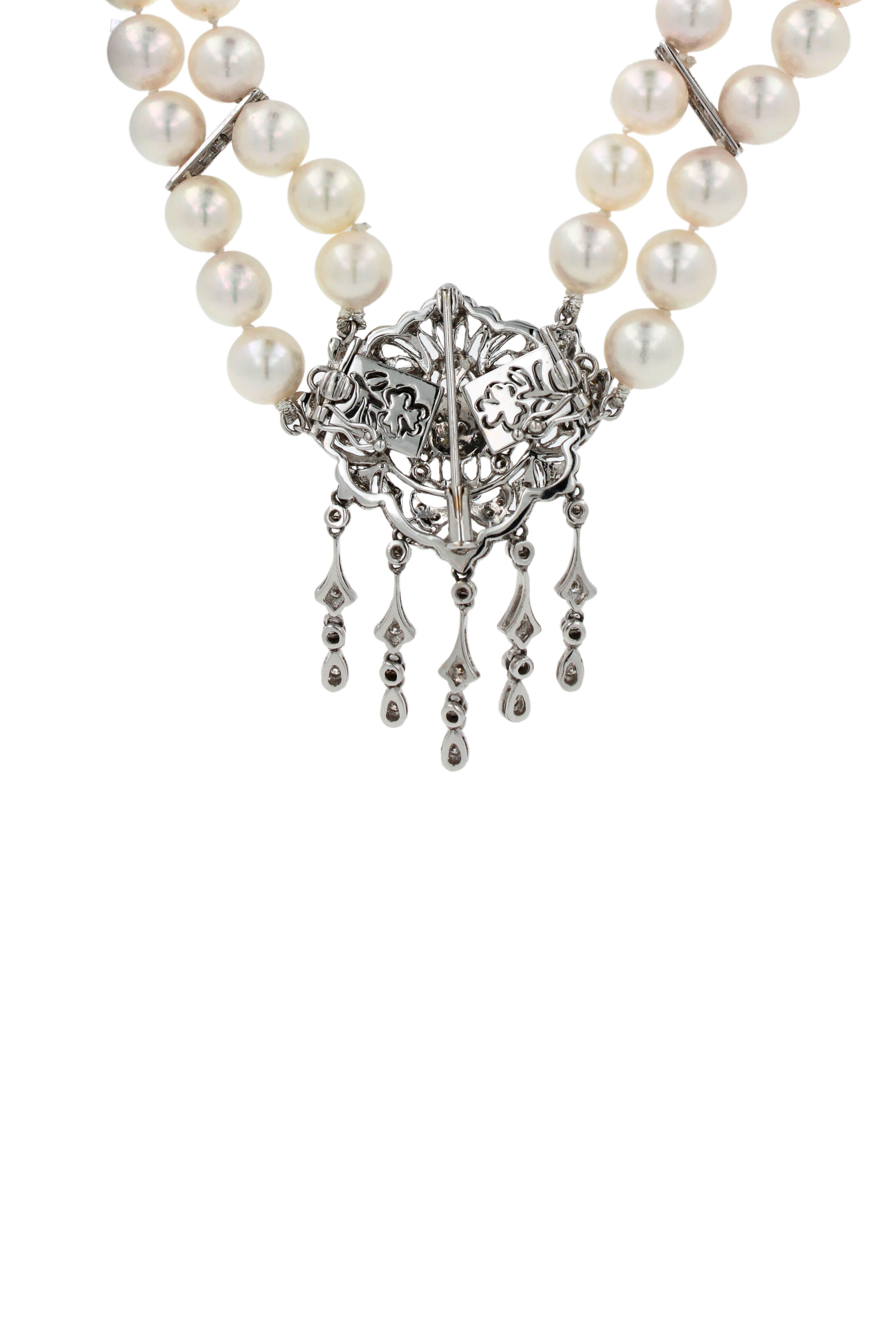 Art Deco Akoya Pearl Necklace/Brooch set in Diamonds & 18K White Gold  For Sale 7