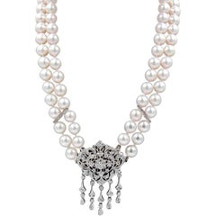 Art Deco Style Akoya Pearl Necklace Brooch Set in Diamonds & 18K White Gold