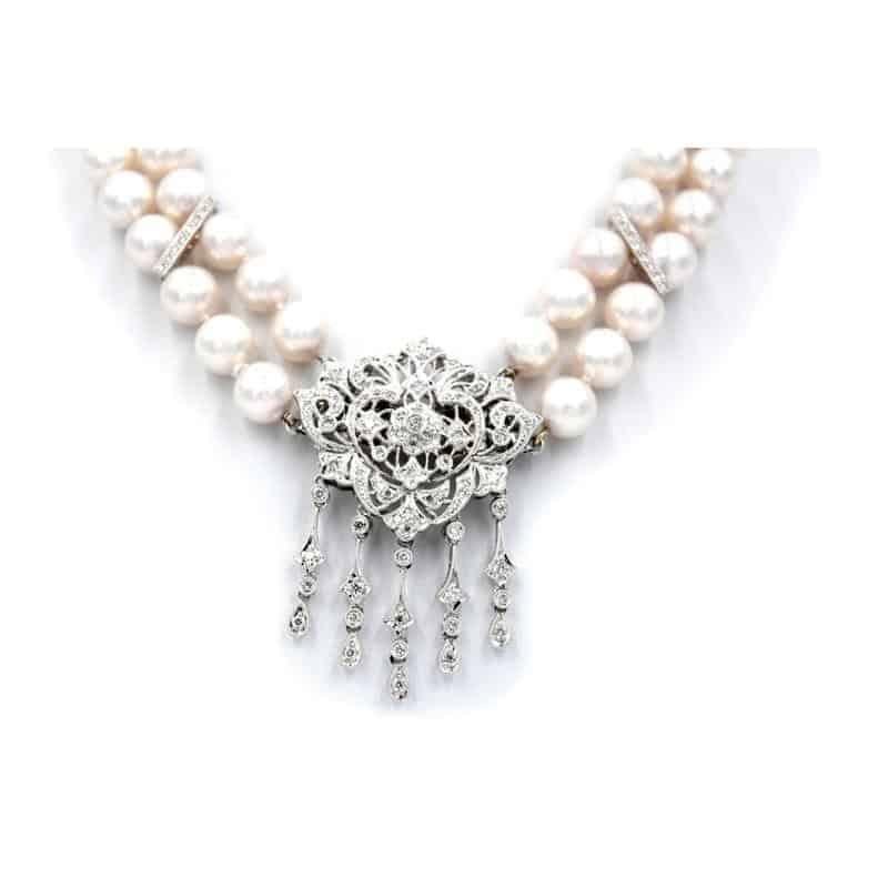 Art Deco Akoya Pearl Necklace/Brooch set in Diamonds & 18K White Gold  In New Condition For Sale In Oakton, VA