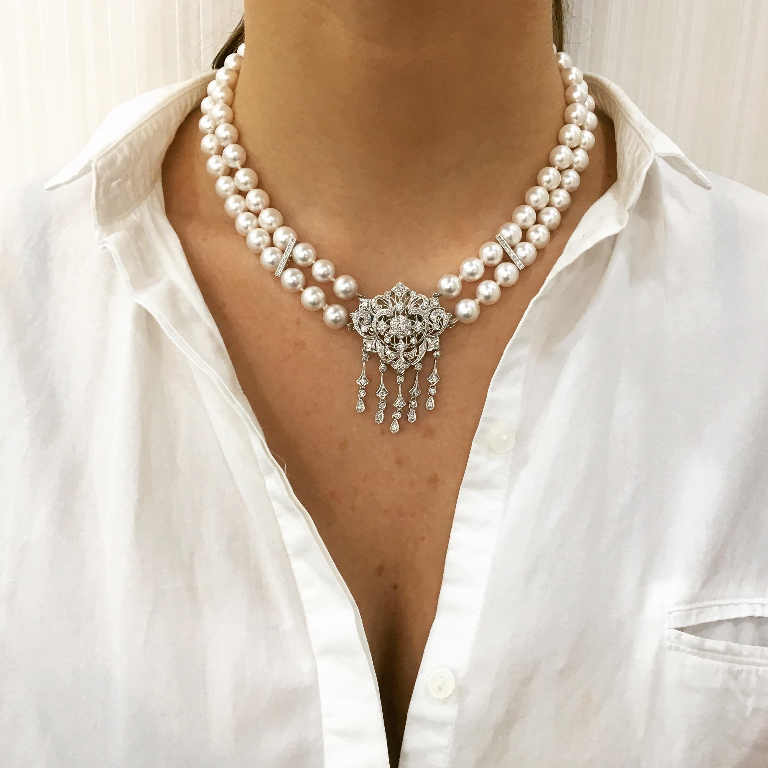 Mixed Cut Art Deco Akoya Pearl Necklace/Brooch set in Diamonds & 18K White Gold  For Sale