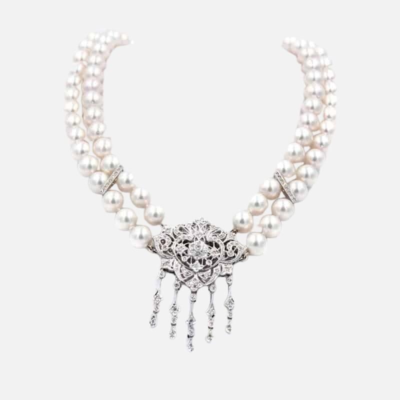 Women's or Men's Art Deco Akoya Pearl Necklace/Brooch set in Diamonds & 18K White Gold  For Sale