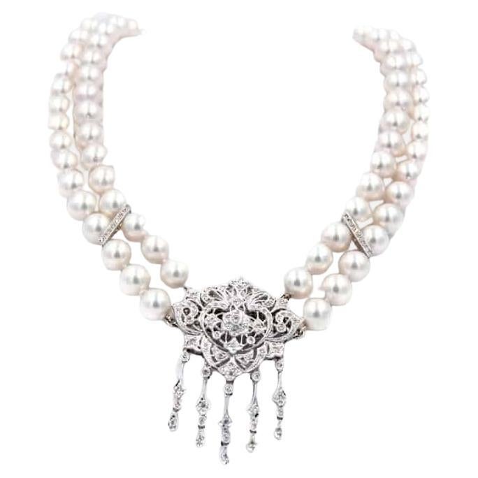 Art Deco Akoya Pearl Necklace/Brooch set in Diamonds & 18K White Gold  For Sale