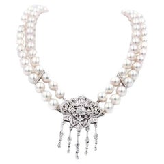 Art Deco Akoya Pearl Necklace/Brooch set in Diamonds & 18K White Gold 