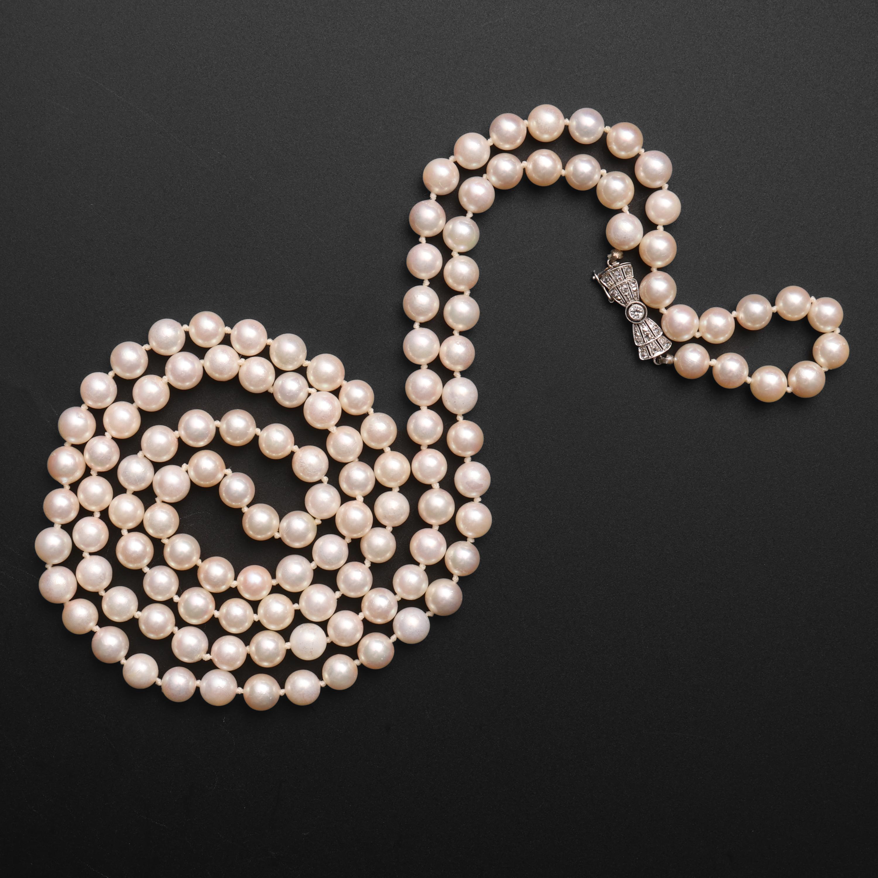 Bead Art Deco Akoya Pearl Necklace Opera Length Diamond Clasp