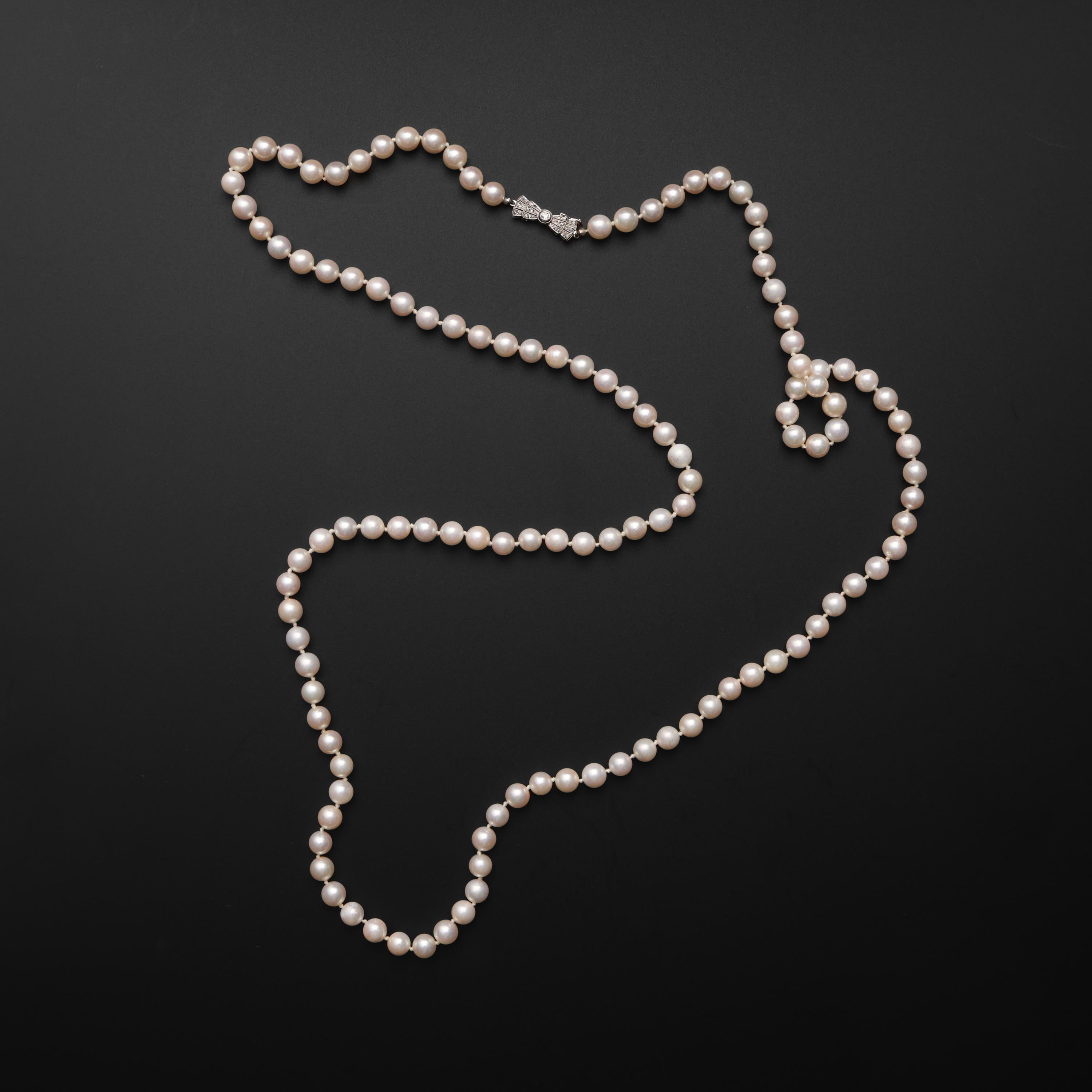 Art Deco Akoya Pearl Necklace Opera Length Diamond Clasp In Excellent Condition In Southbury, CT