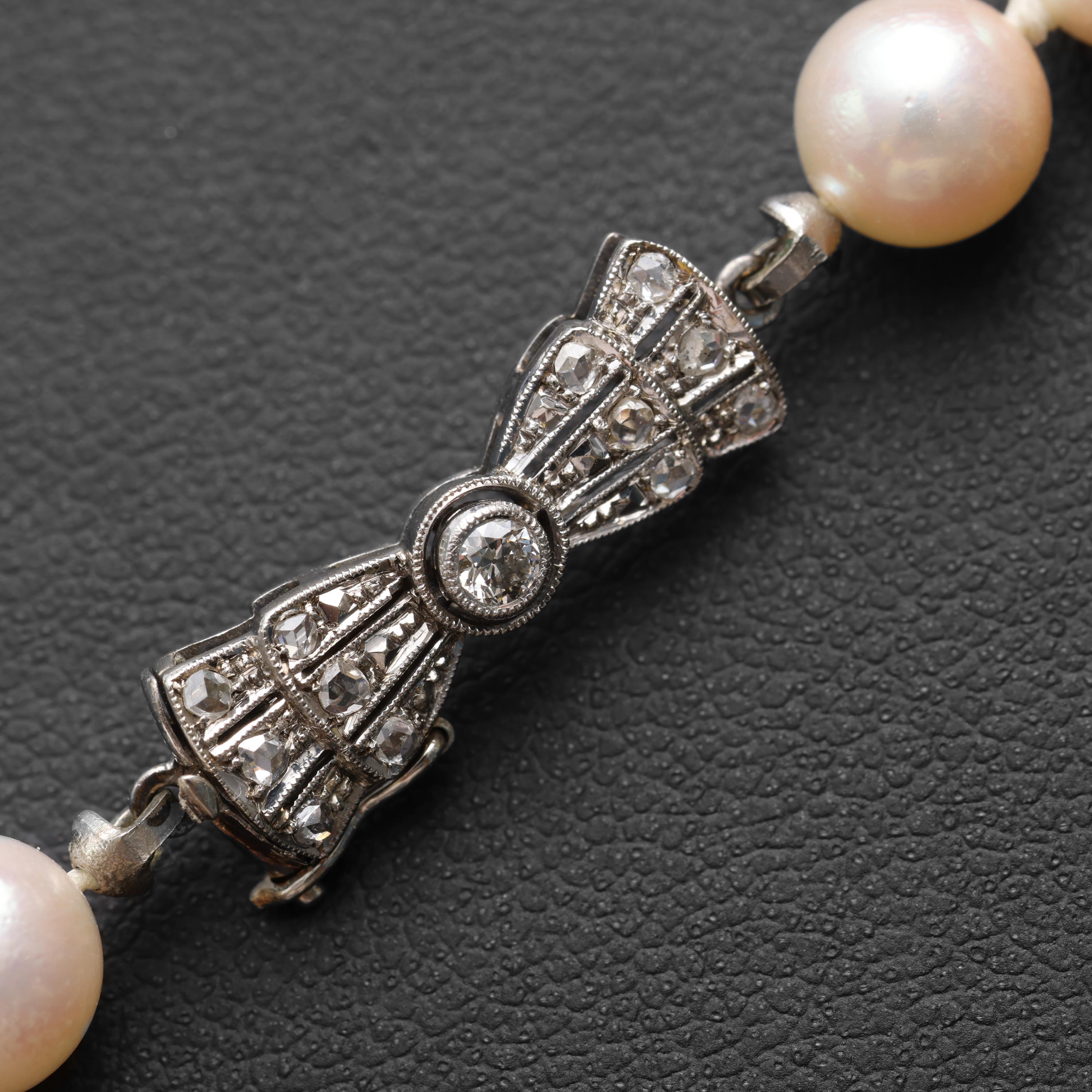 Women's or Men's Art Deco Akoya Pearl Necklace Opera Length Diamond Clasp