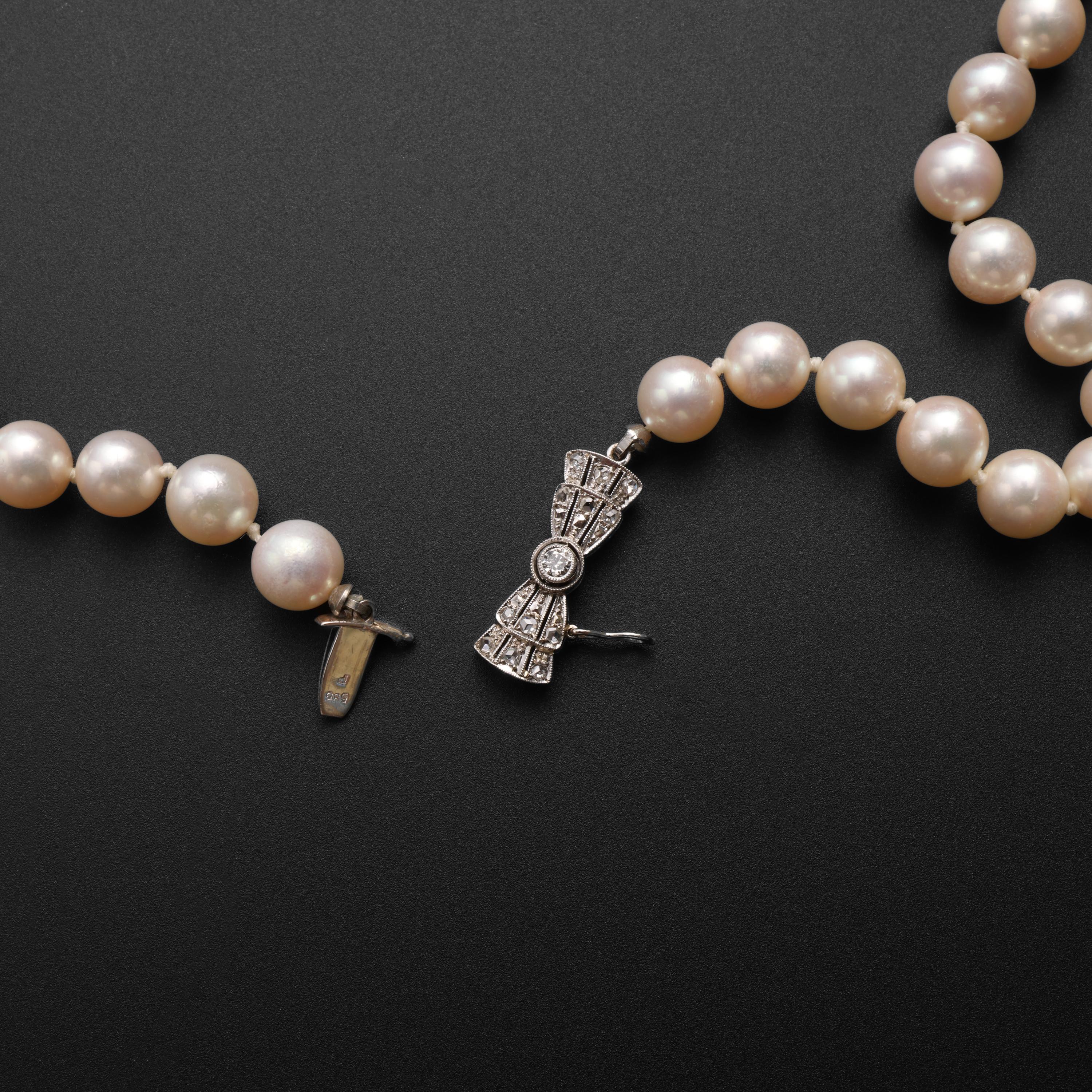 Art Deco Akoya Pearl Necklace Opera Length Diamond Clasp 1