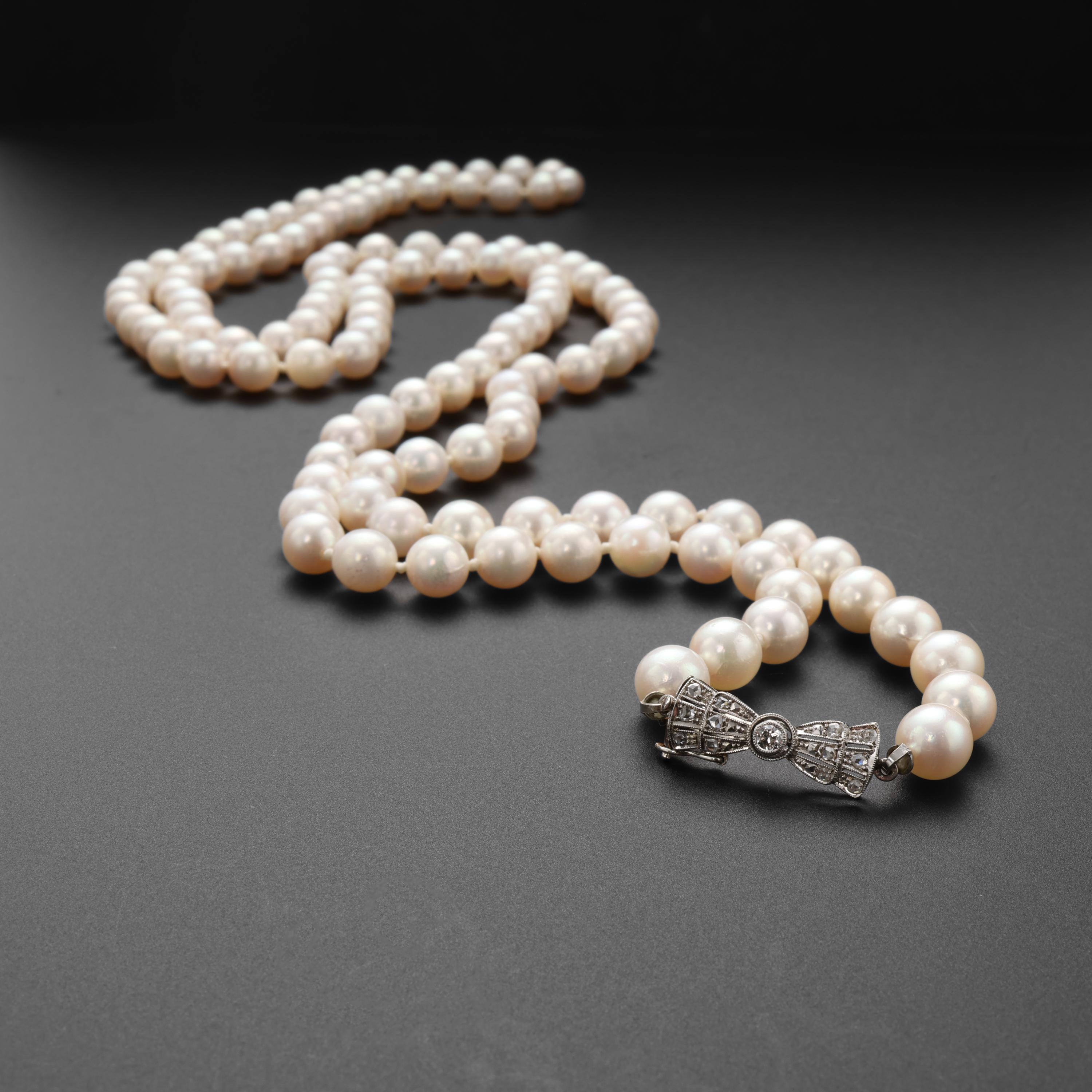 Art Deco Akoya Pearl Necklace Opera Length Diamond Clasp 2