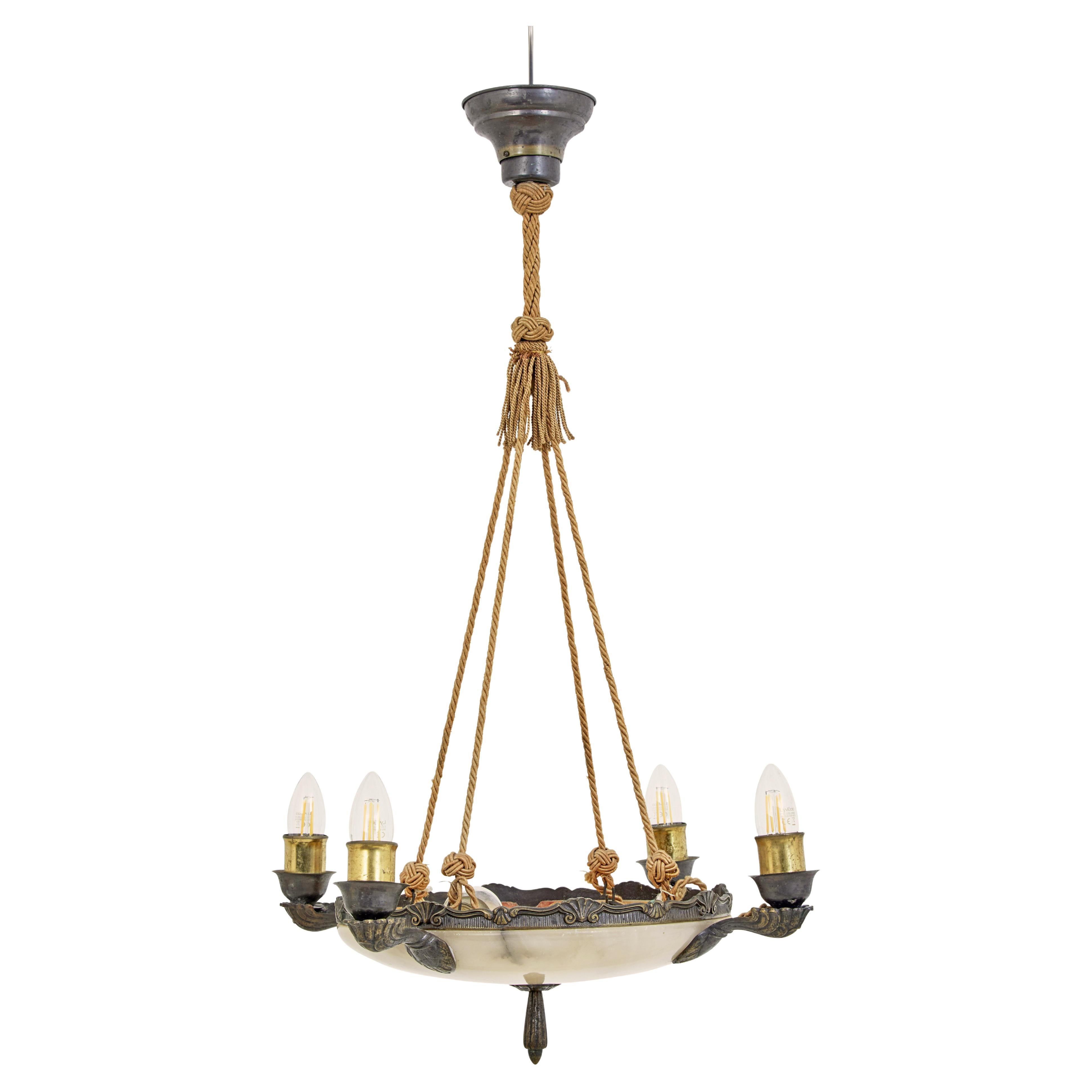 Art deco alabaster 4 arm ceiling pendant light For Sale