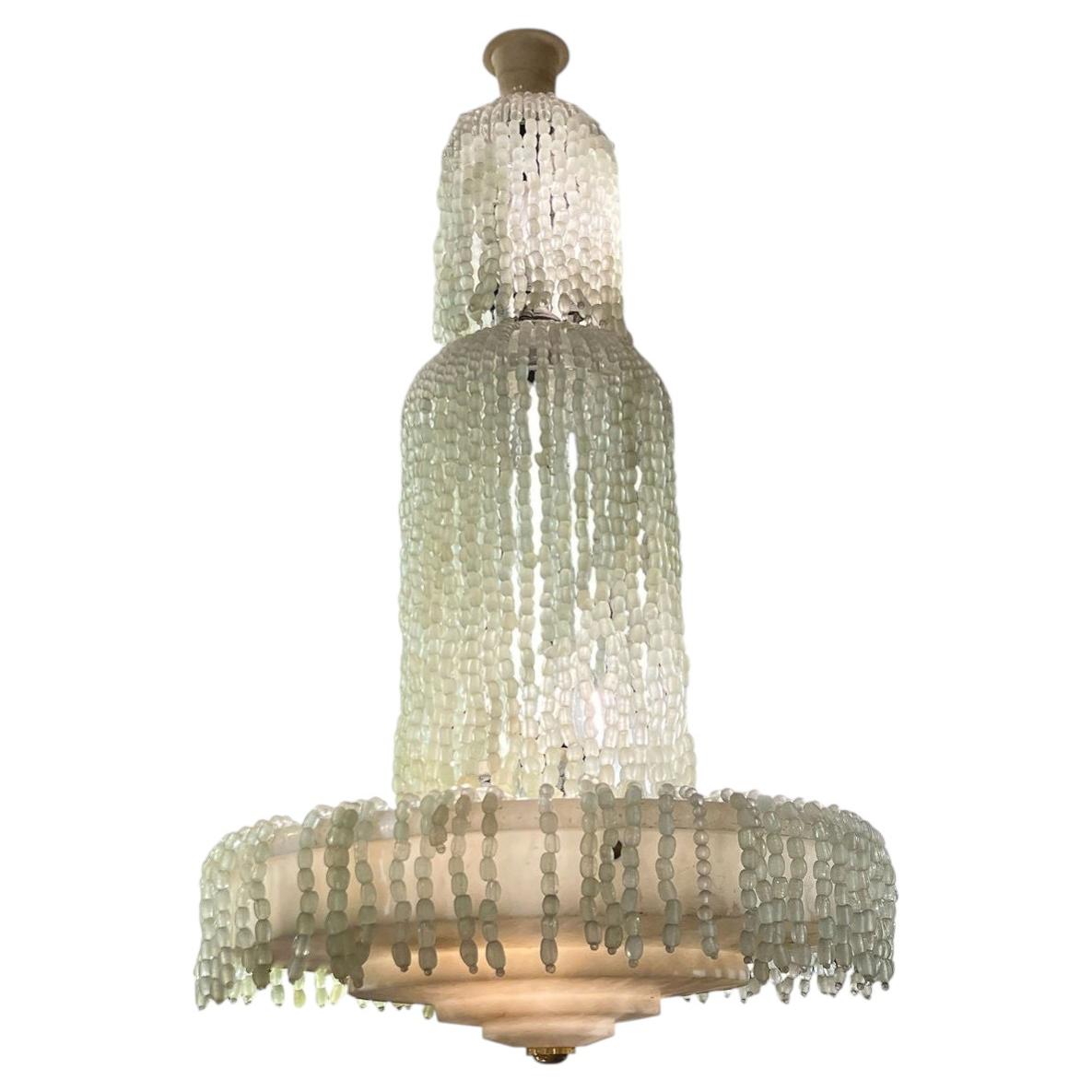 Art Deco Alabaster and Beaded Glass Chandelier
