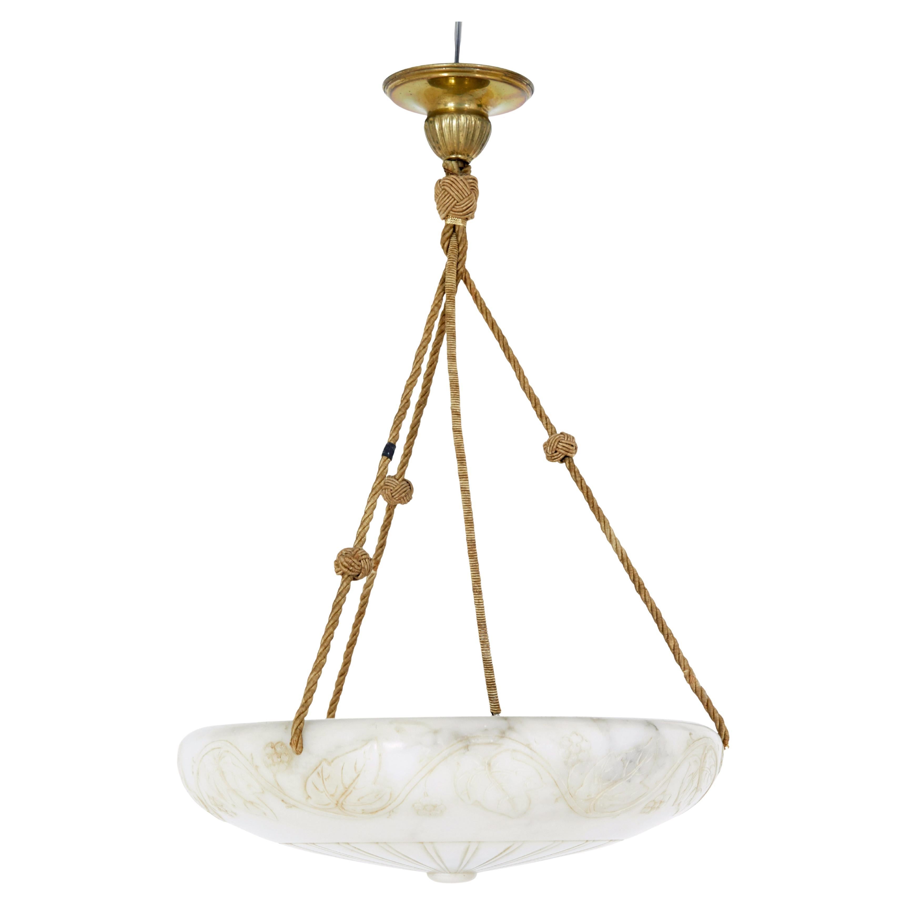 Art deco alabaster and brass pendant light For Sale