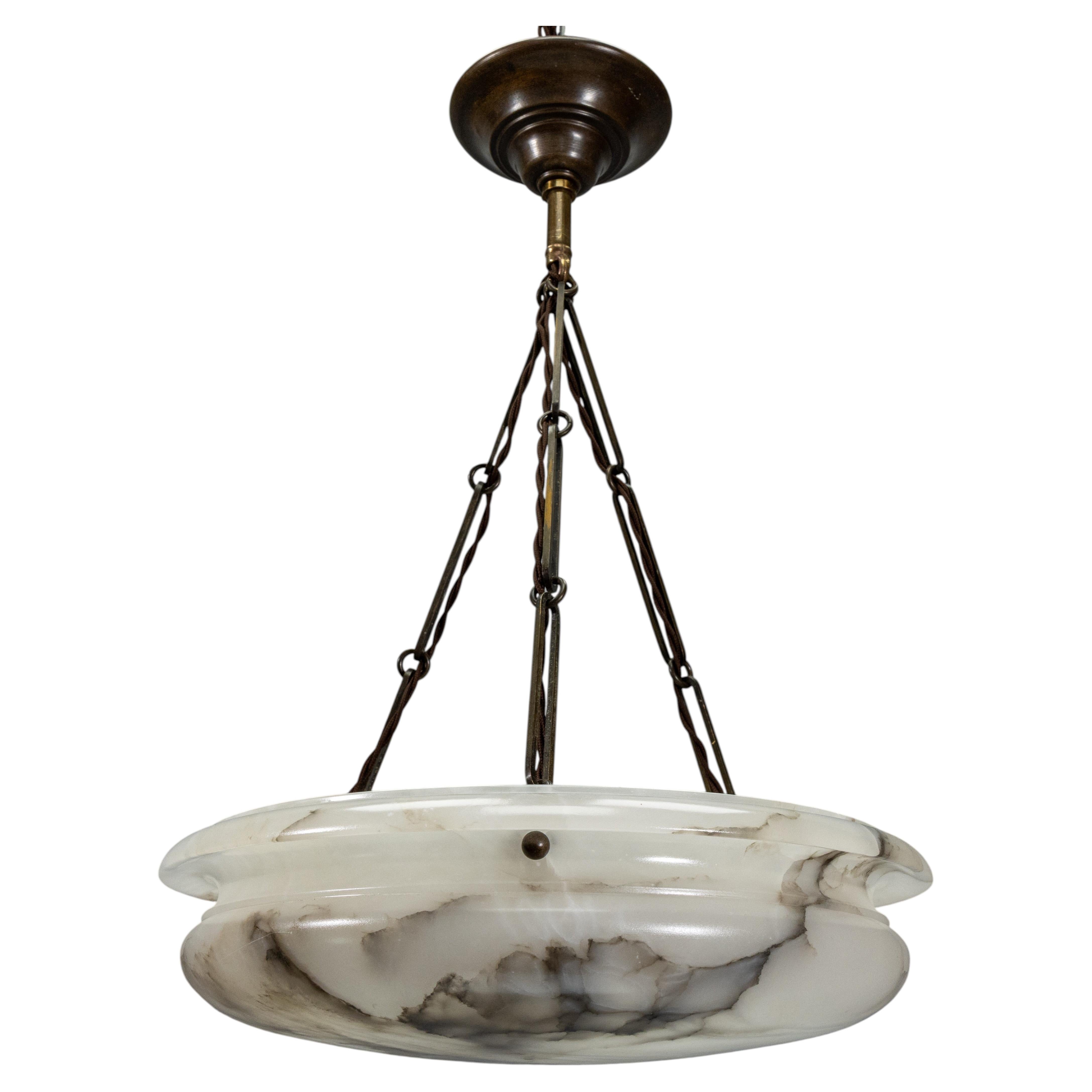 Art Deco Alabaster and Brass Pendant Light with Dark Veining, Germany, 1920