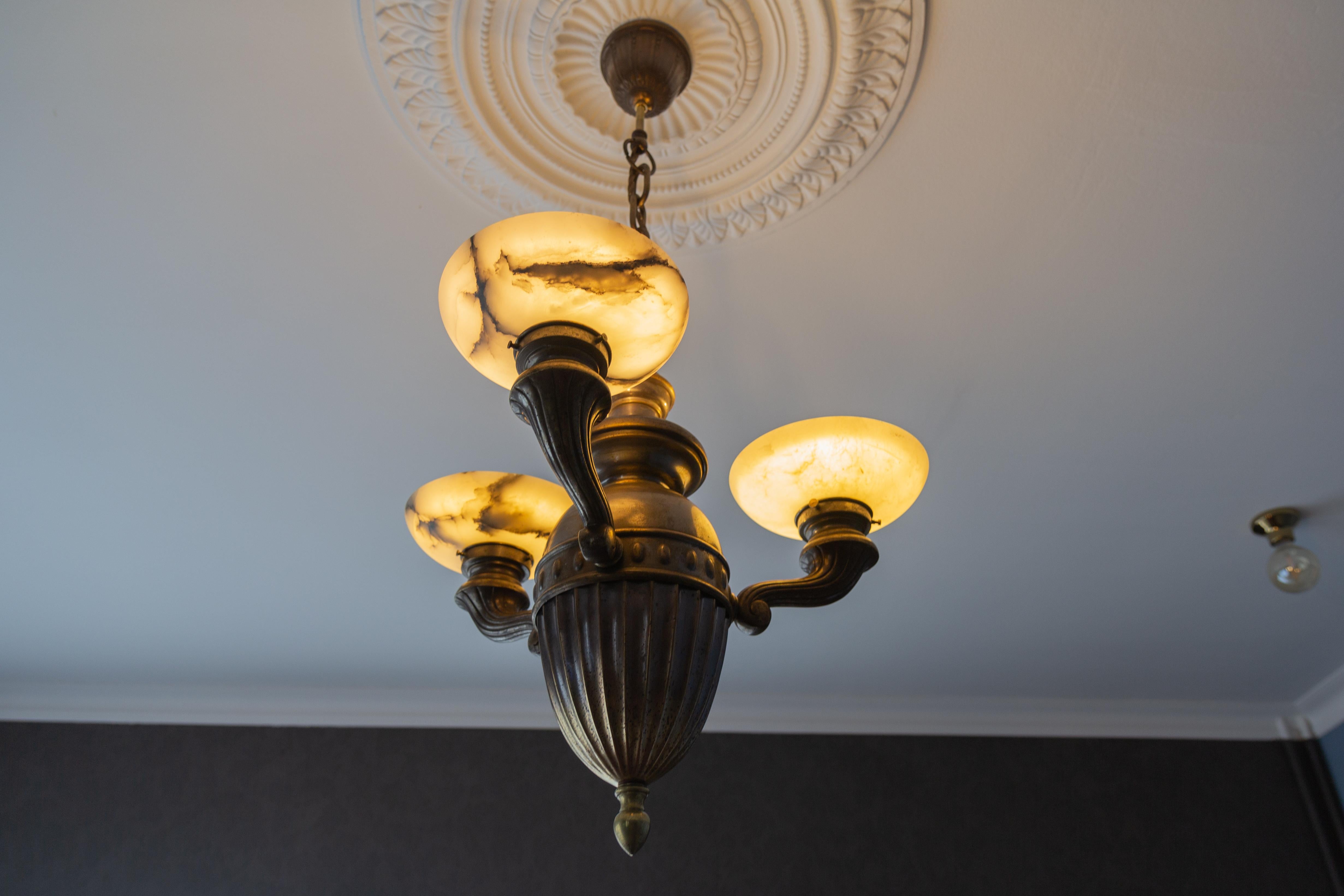 Art Deco Alabaster and Brass Three-Light Chandelier, 1930s For Sale 4
