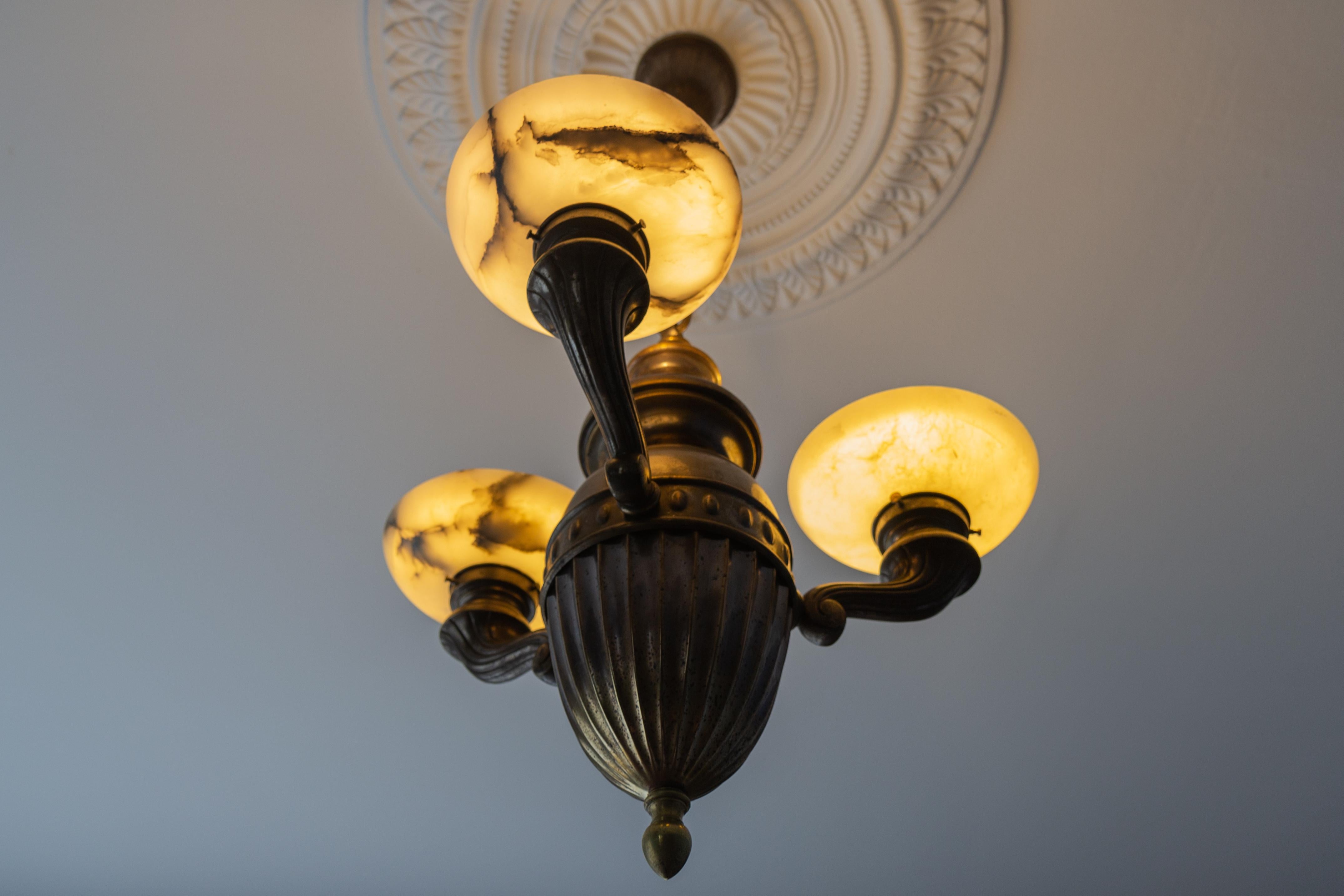 Art Deco Alabaster and Brass Three-Light Chandelier, 1930s For Sale 5